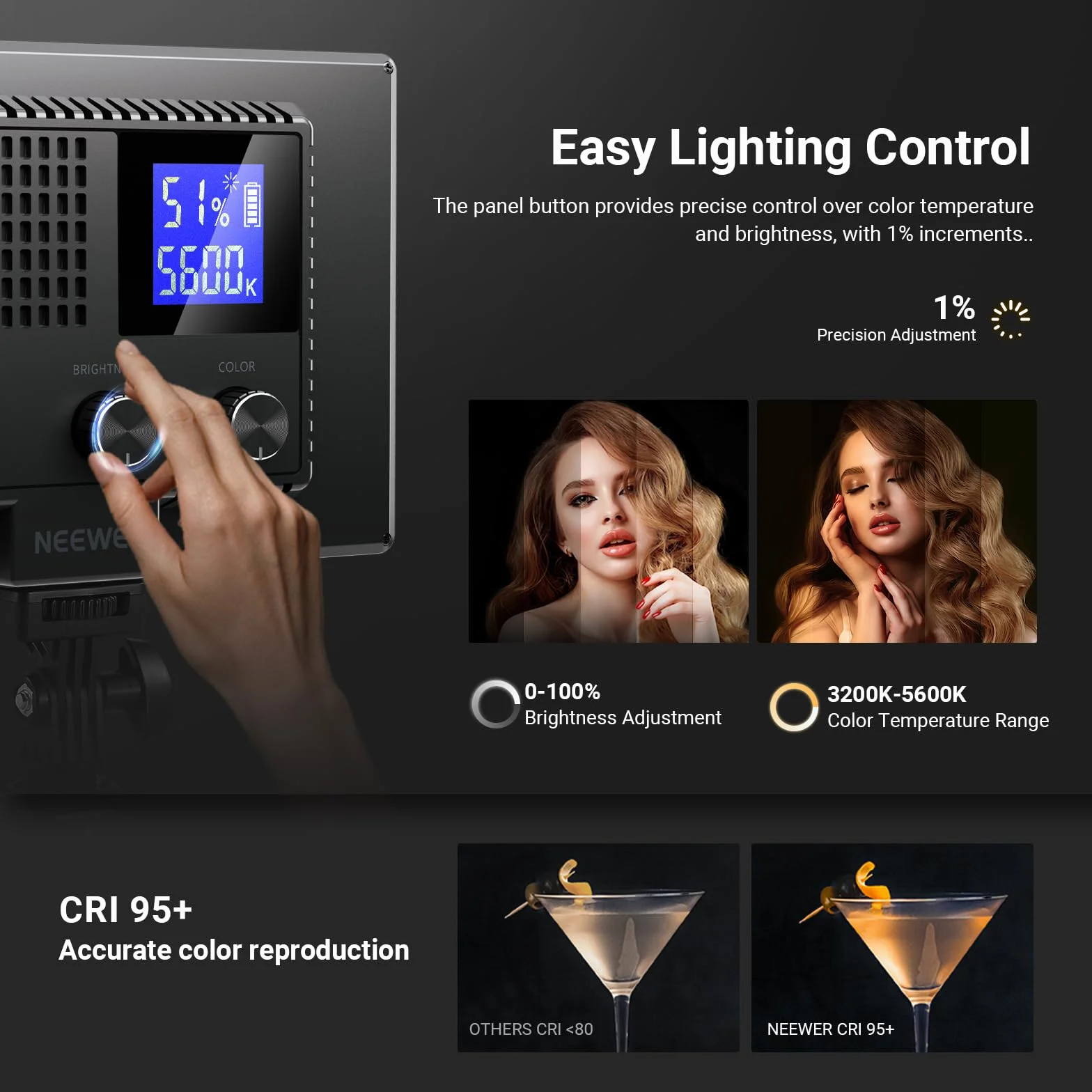NEEWER Basics 9" LED Panel Reflektor, 3200-5600K Edge Lit Możliwość przyciemniania Miękkie oświetlenie kamery z Statywem Biurko, CRI95+ 800Lux 4000mAh Akumulator do Fotografii Nagrywania Streaming
