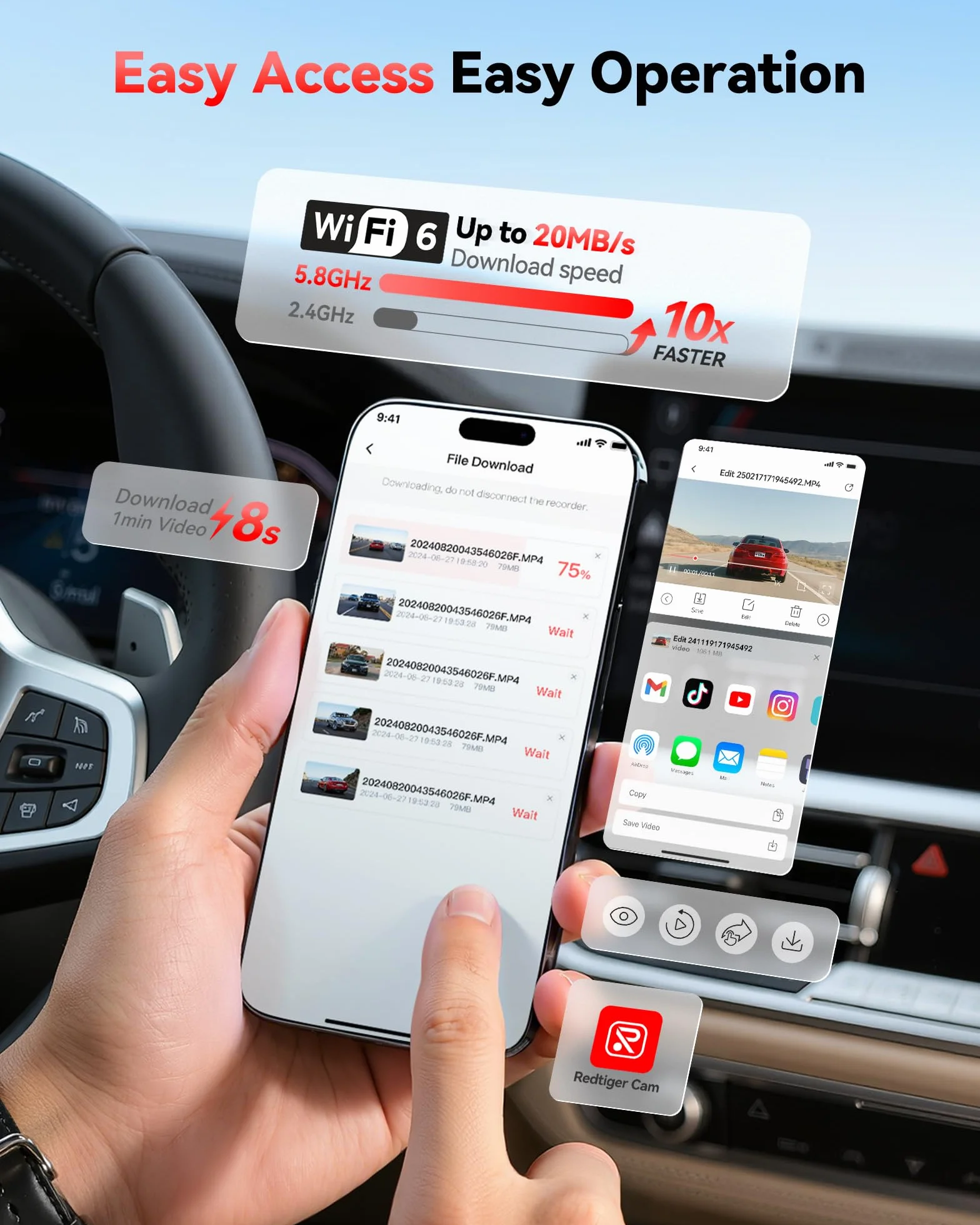 REDTIGER Dash Cam Przód samochodu Tył 4K / 2.5K z GPS WiFi Rejestrator deski rozdzielczej samochodu z ekranem IPS 3,18 ", nagrywanie w pętli noktowizyjnej 170 ° Szeroki kąt WDR, obsługa maks. 256 GB