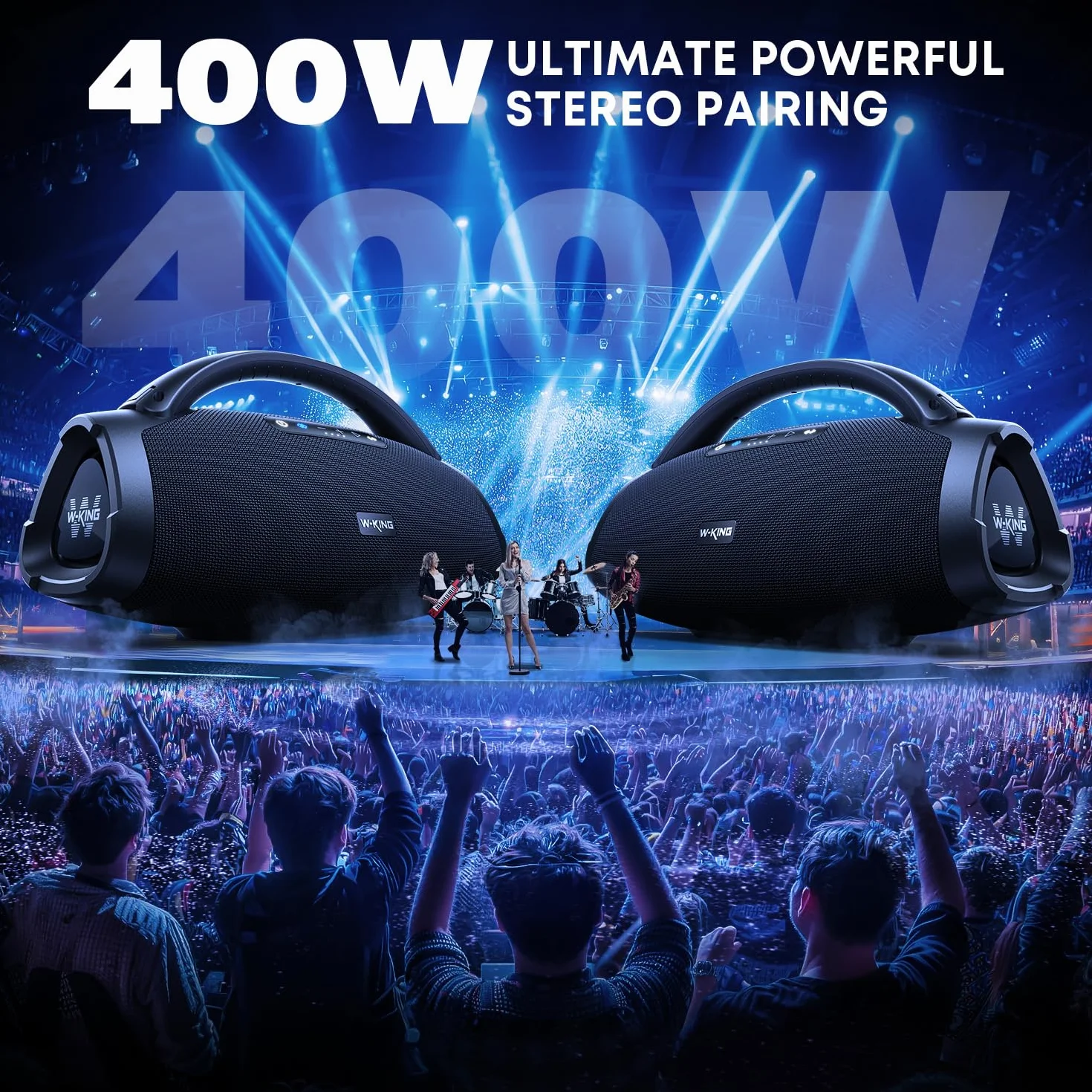200W RMS Głośnik Bluetooth, W-KING 300W Szczyt Głośny Przenośny Boombox Super Bass/Szybkie ładowanie Bluetooth Box, IPX7, Subwoofer/EQ, Wejście Gitarowe/USB/AUX