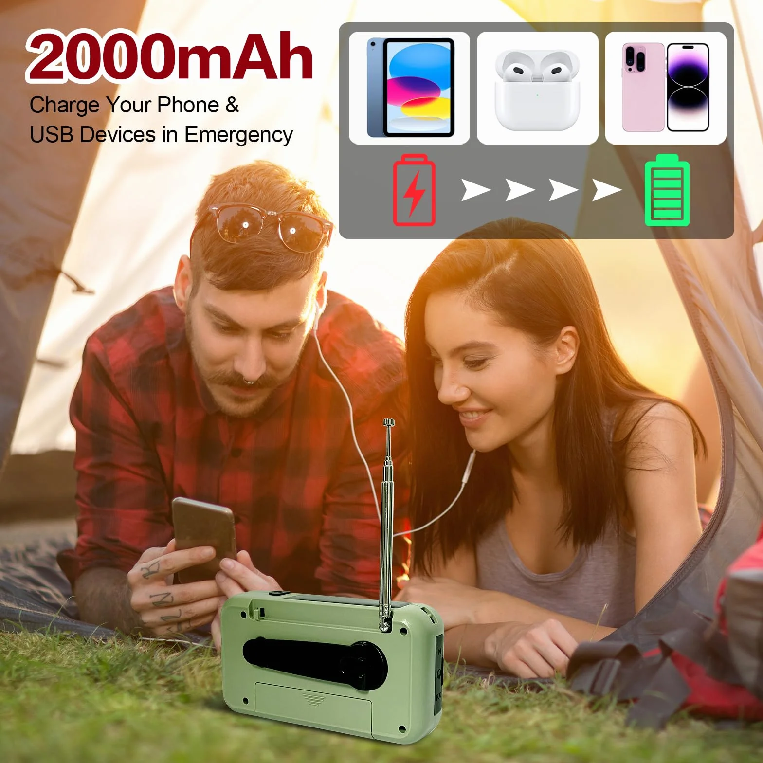 Radio Awaryjne z Korbą Ręczną, Przenośne Radio AM/FM 2000 mAh z Ładowarką Słoneczną, 3 Tryby Latarki Alarm SOS do Materiałów Awaryjnych, Sporty na świeżym Powietrzu, Sprzęt Survivalowy