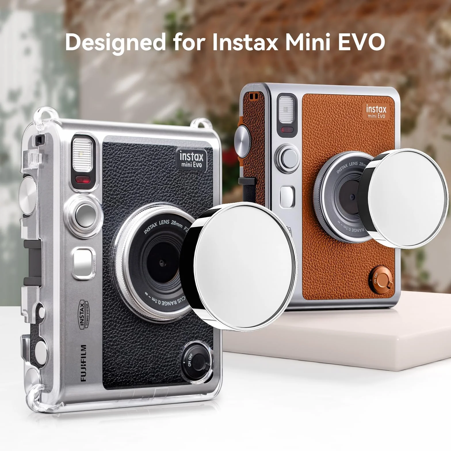 MUZIRI KINOKOO Osłona obiektywu do aparatu Fuji Instax Mini EVO, wysokiej jakości plastikowa osłona z flokowaną wewnętrzną linką, srebrna