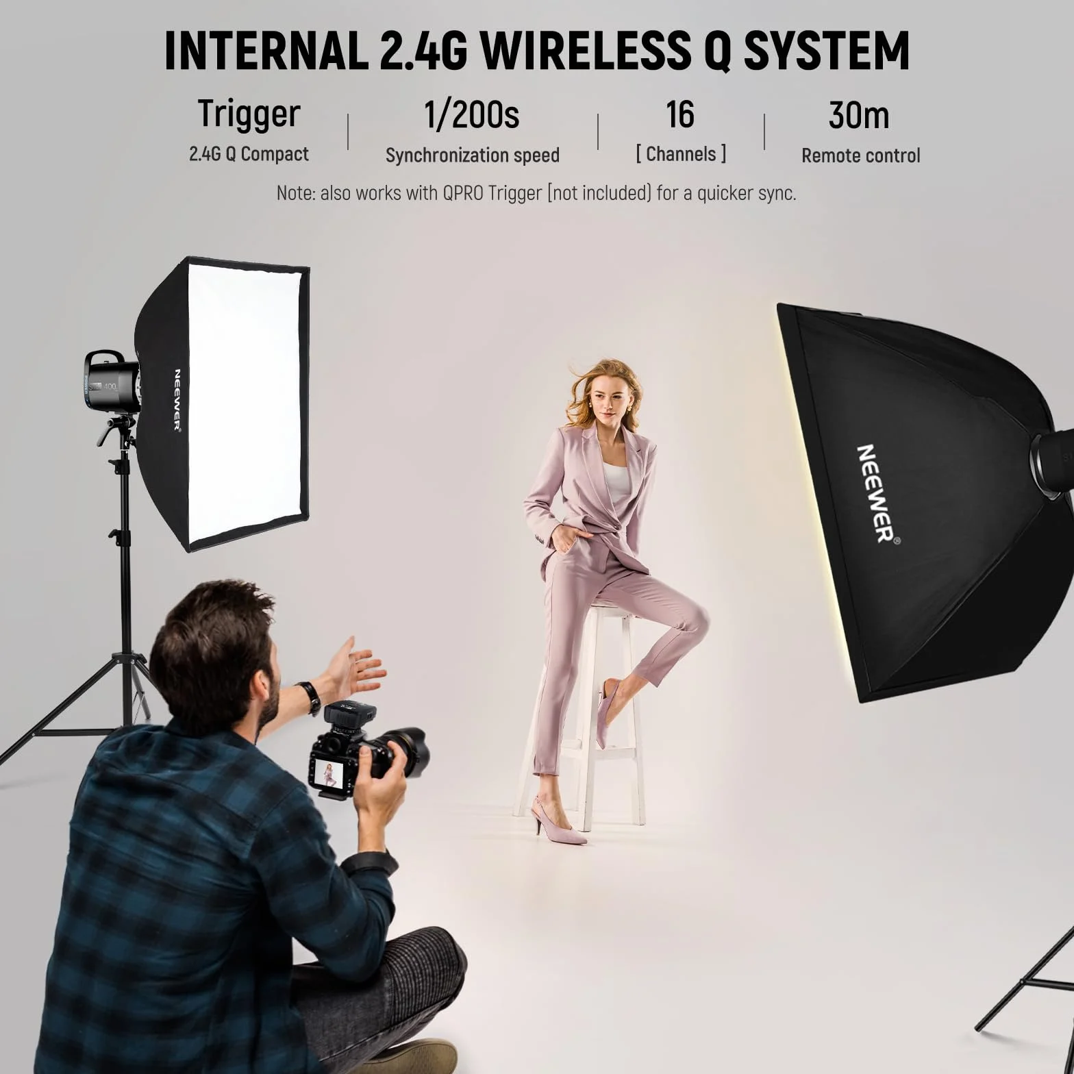 NEEWER Zestaw 800 W Studio Monolight Strobe Flash: 2-pak S101-400 W PRO 5600 K lampa błyskowa Studio z wyzwalaczem 2,4 G/lampa nastawcza 150 W/Bowens Mount/softbox/stojak/reflektor/torba, kompatybilny