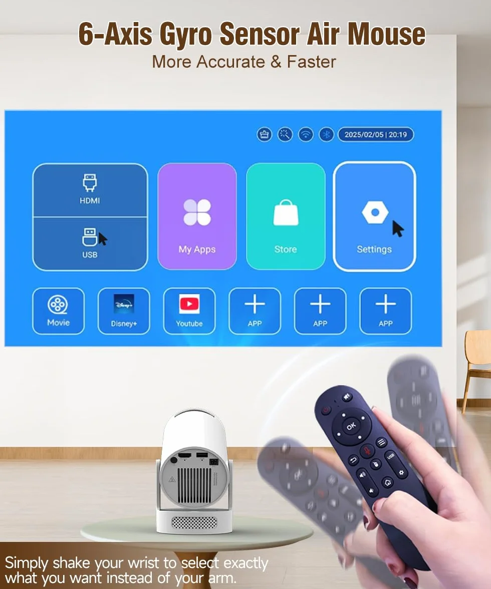 Alwtniet Mini projektor, 4K, Wi-Fi 6 i Bluetooth 5.4, głośnik 5 W, automatyczna korekcja trapezu, obracany o 180°, przenośny do domu i na zewnątrz, z systemem Android
