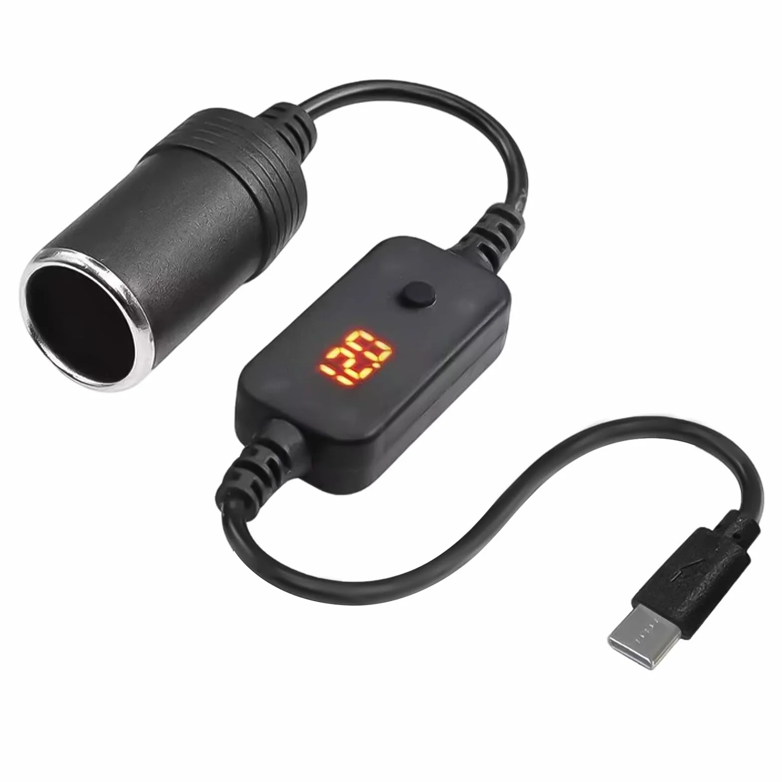 Adapter USB C na zapalniczkę, kabel USB C męski do zapalniczki samochodowej 12 V z wyświetlaczem LED i przełącznikiem, regulowane napięcie 5V, 9V, 12 V, 15 V, 20 V, do GPS, kamery, ładowarki