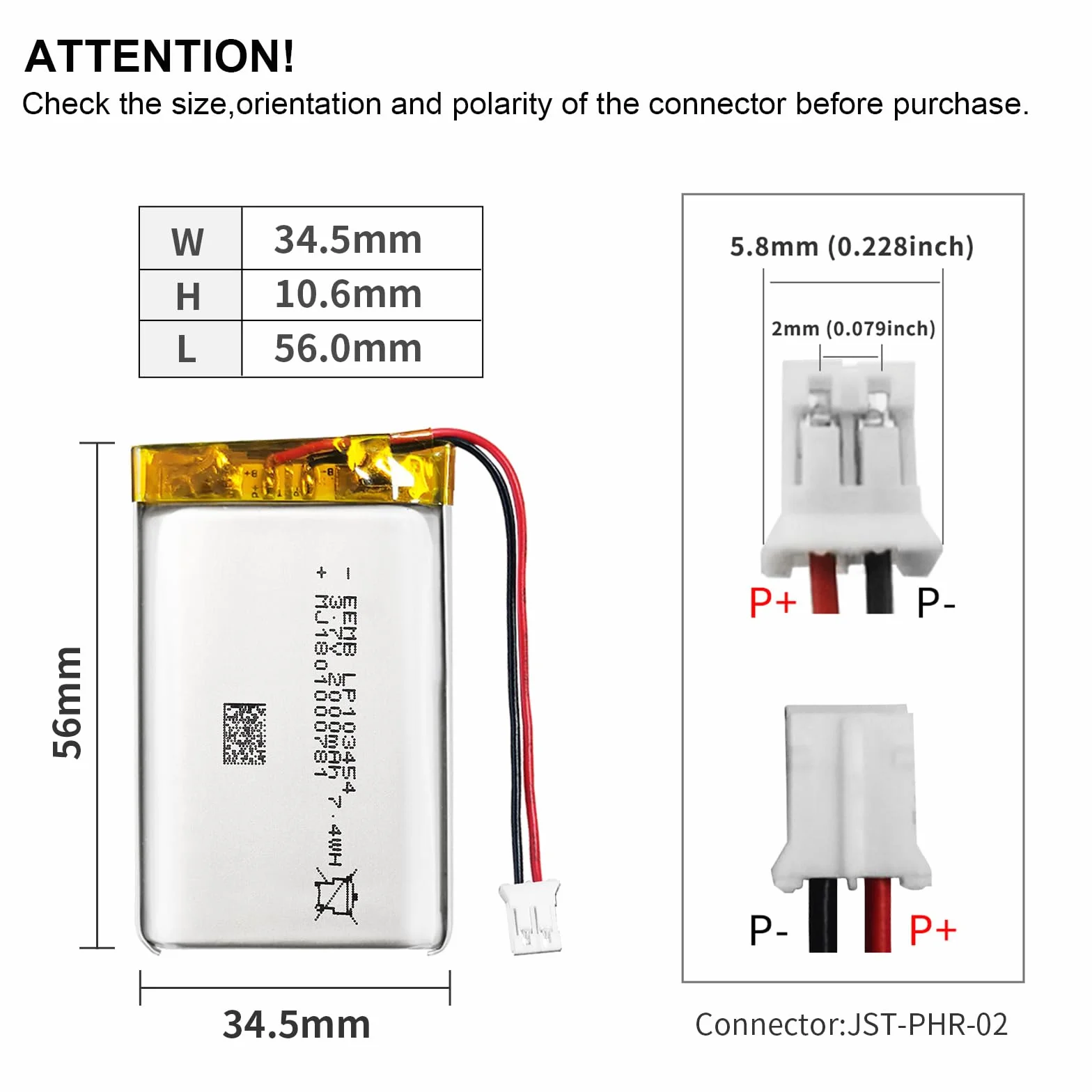 EEMB 3.7V 2000mAh 103454 Bateria Lipo litowo-polimerowa ze złączem JST