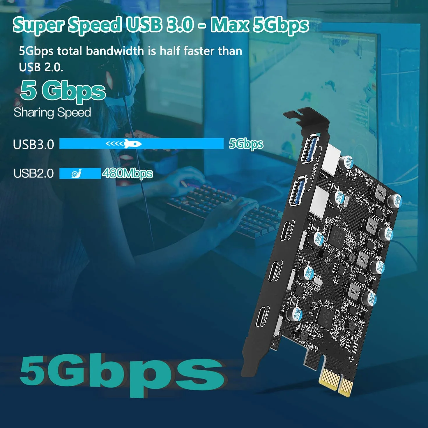 Karta PCIE 5-Portowa (3X USB C, 2X USB 3.0-A) Rozszerzeń PCI Express - Wewnętrzny Hub Dla Komputera Stacjonarnego - Windows 10/8/7 i MAC OS 10.8.2+