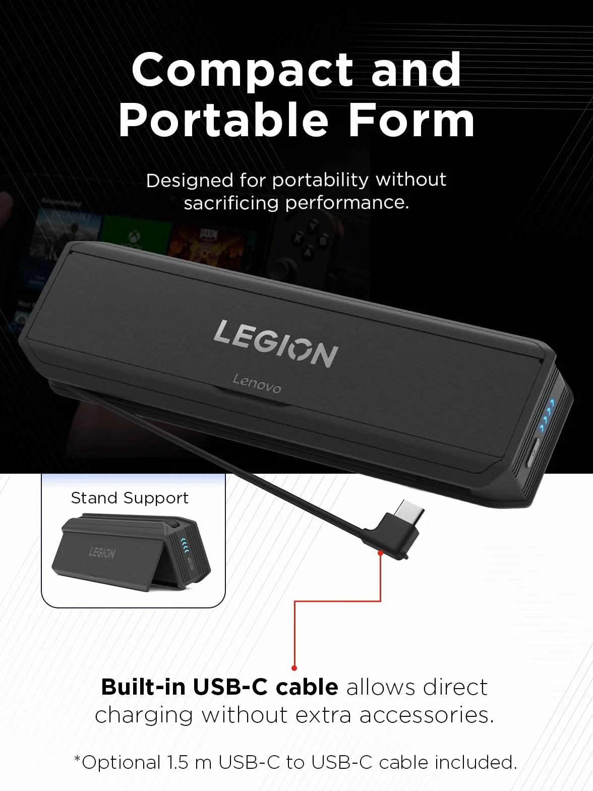 Lenovo - Power Bank for Legion Go (65 W i 12800 mAh, wbudowany kabel USB-C, wskaźnik LED, kompatybilny z Legion Go i Legion Go S) czarny