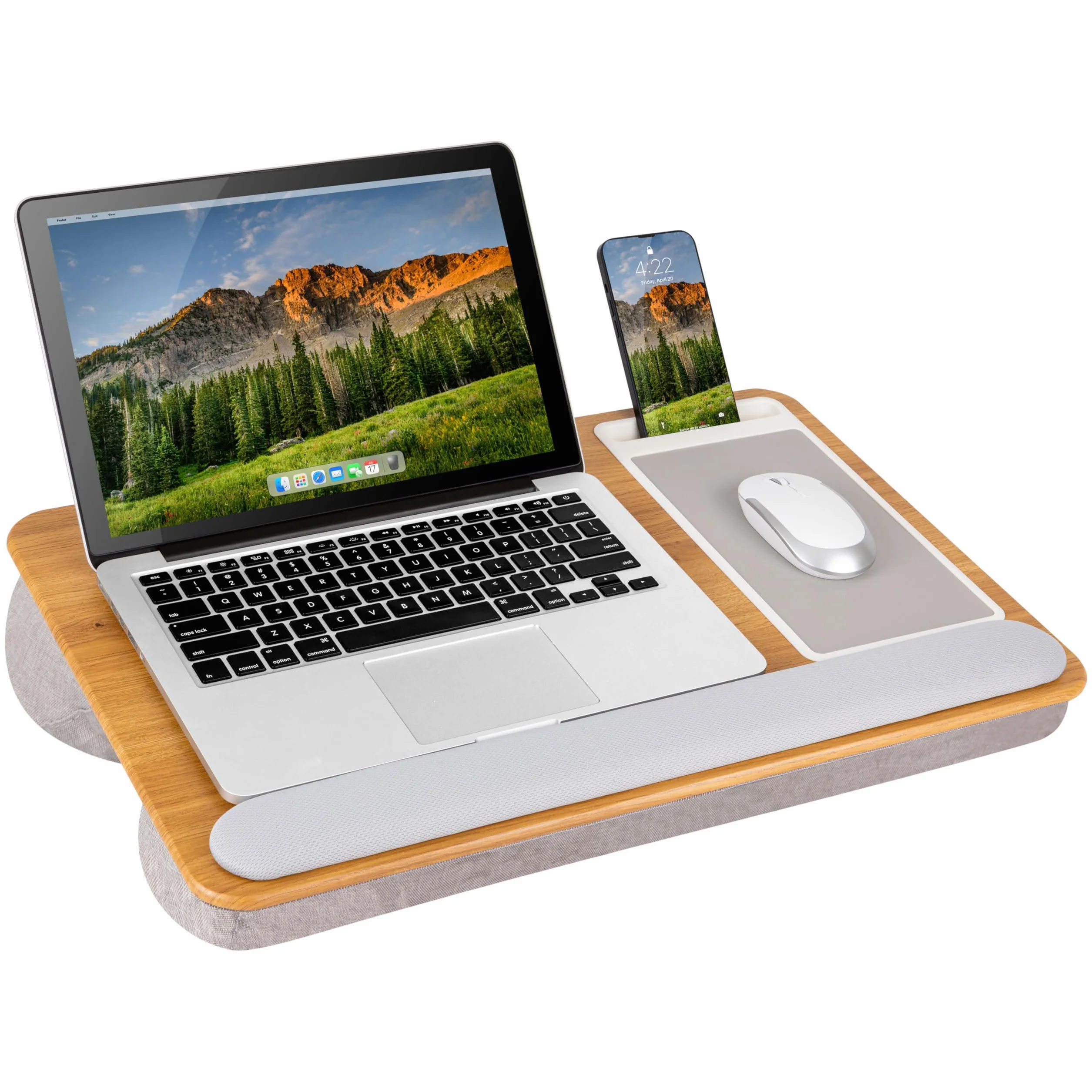 LAPGEAR Home Office Pro biurko na kolana z podpórką pod nadgarstek, podkładką pod mysz i uchwytem na telefon, drewno dębowe, pasuje do laptopów o przekątnej ekranu do 15,6 cala, styl nr 91599