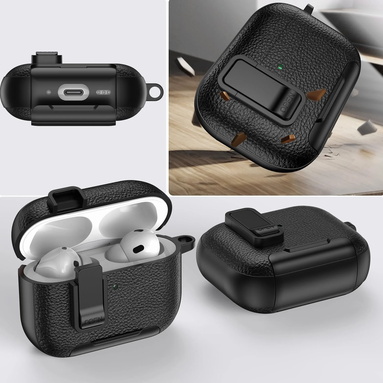 Ysnzaq Etui do AirPods Pro 3. generacji z klipsem blokującym i funkcją stojaka, skóra tekstura odporne na uderzenia etui ochronne z karabińczykiem do AirPod Pro 3 2025-PWZ Army Green