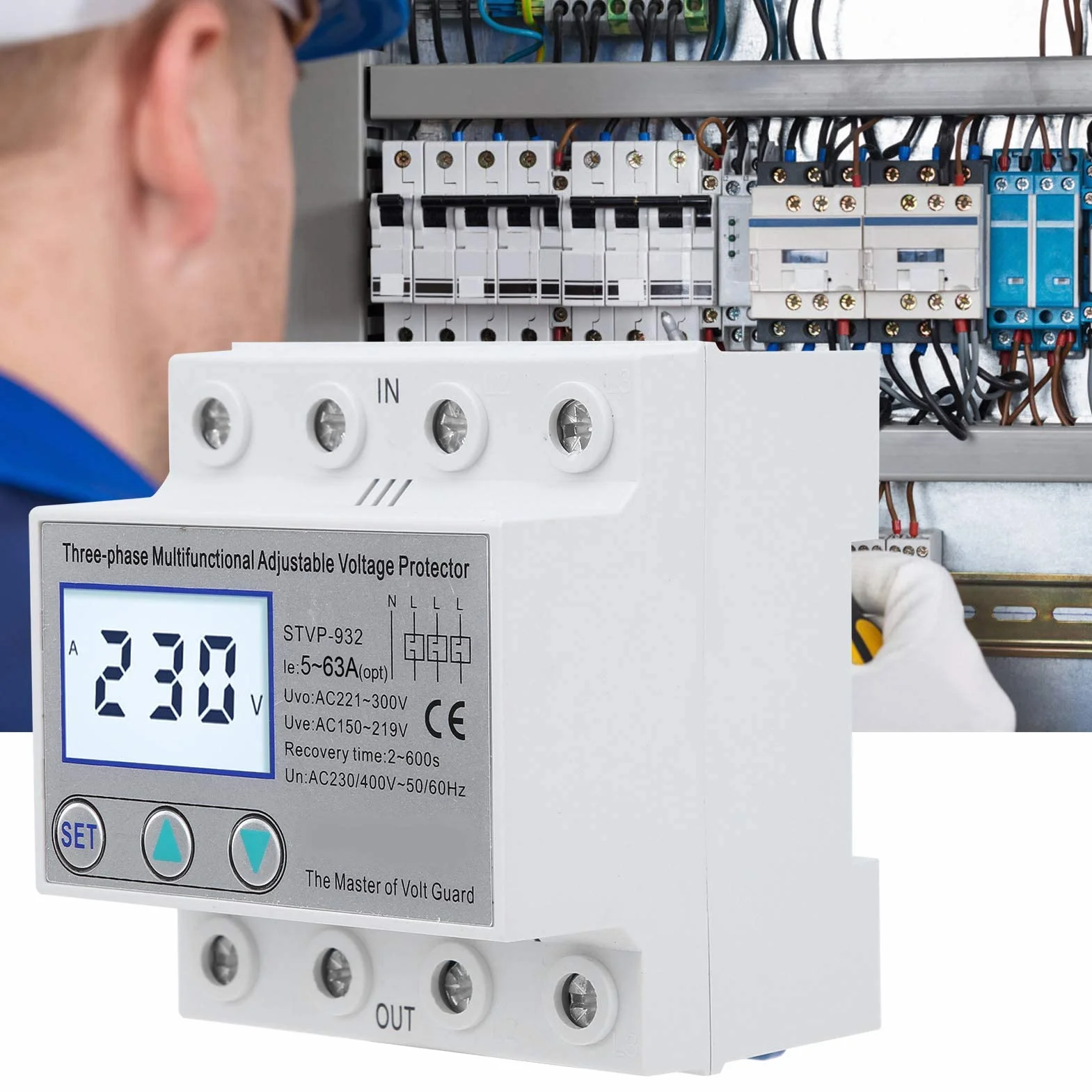 Zabezpieczenie przeciwprzepięciowe regulowane zabezpieczenie napięcia STVP-932 230 V/ 400 V AC 3-fazowe wielofunkcyjny wyświetlacz LCD z pełnymi funkcjami (63 A)