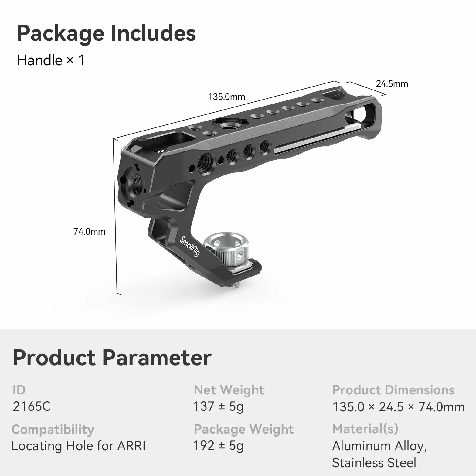 SMALLRIG Górny Uchwyt dla ARRI z Otworami Ustalającymi dla ARRI Klatki Aparatu, Ergonomiczny KształT, z Adapterem Zimnej Stopki Zaprojektowanym z Zabezpieczeniem Przed ZsunięCiem - 2165C