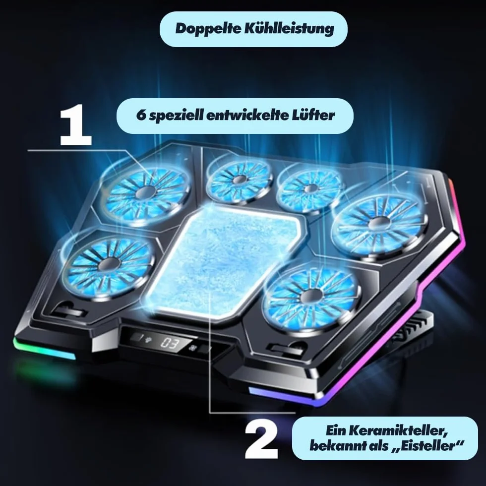 EXG D13 podkładka chłodząca do laptopa – podkładka chłodząca do notebooka z 6 wentylatorami, oświetlenie RGB, 8-stopniowe nachylenie, zasilanie przez USB lub zasilacz, ciche chłodzenie do laptopów 13