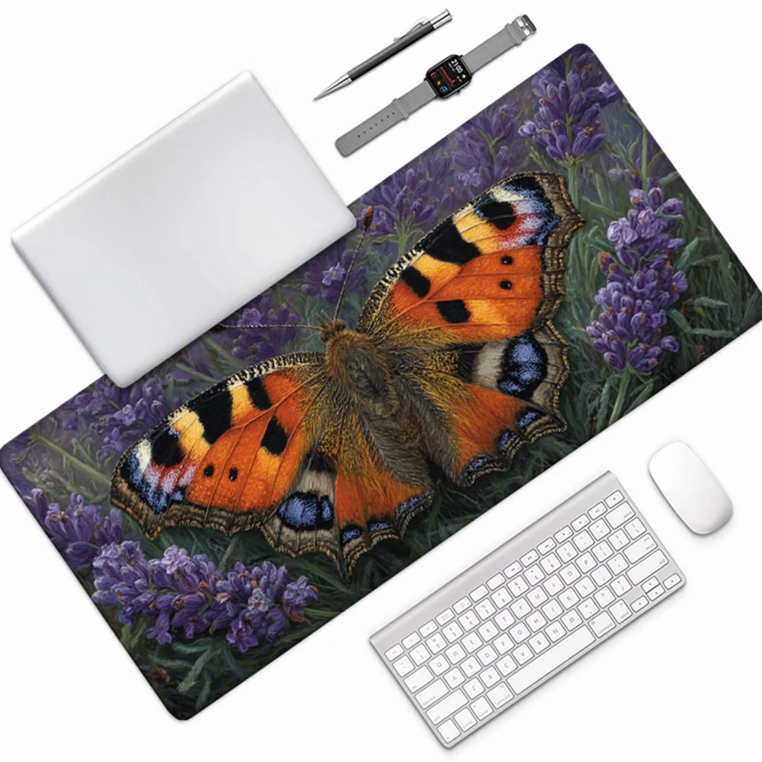 Podkładka pod mysz gamingowa z motylem, 1200 x 600 x 3 mm, podkładka pod mysz, duża, z antypoślizgową gumową podstawą, podkładka pod mysz XXL z przyszytymi krawędziami, akcesoria gamingowe, do biura
