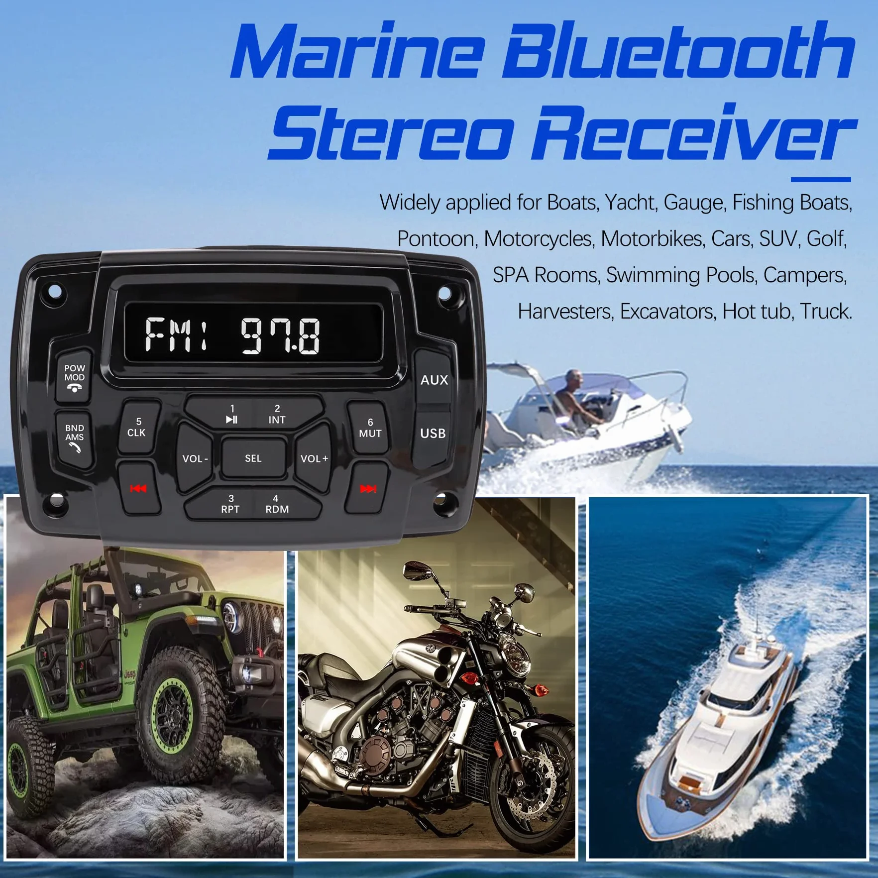 Morski i samochodowy odbiornik stereo Bluetooth, wodoodporny odtwarzacz MP3 z radiem AM/FM, wejście USB, jednostka główna łodzi, systemy audio do kampera, UTV Yacht