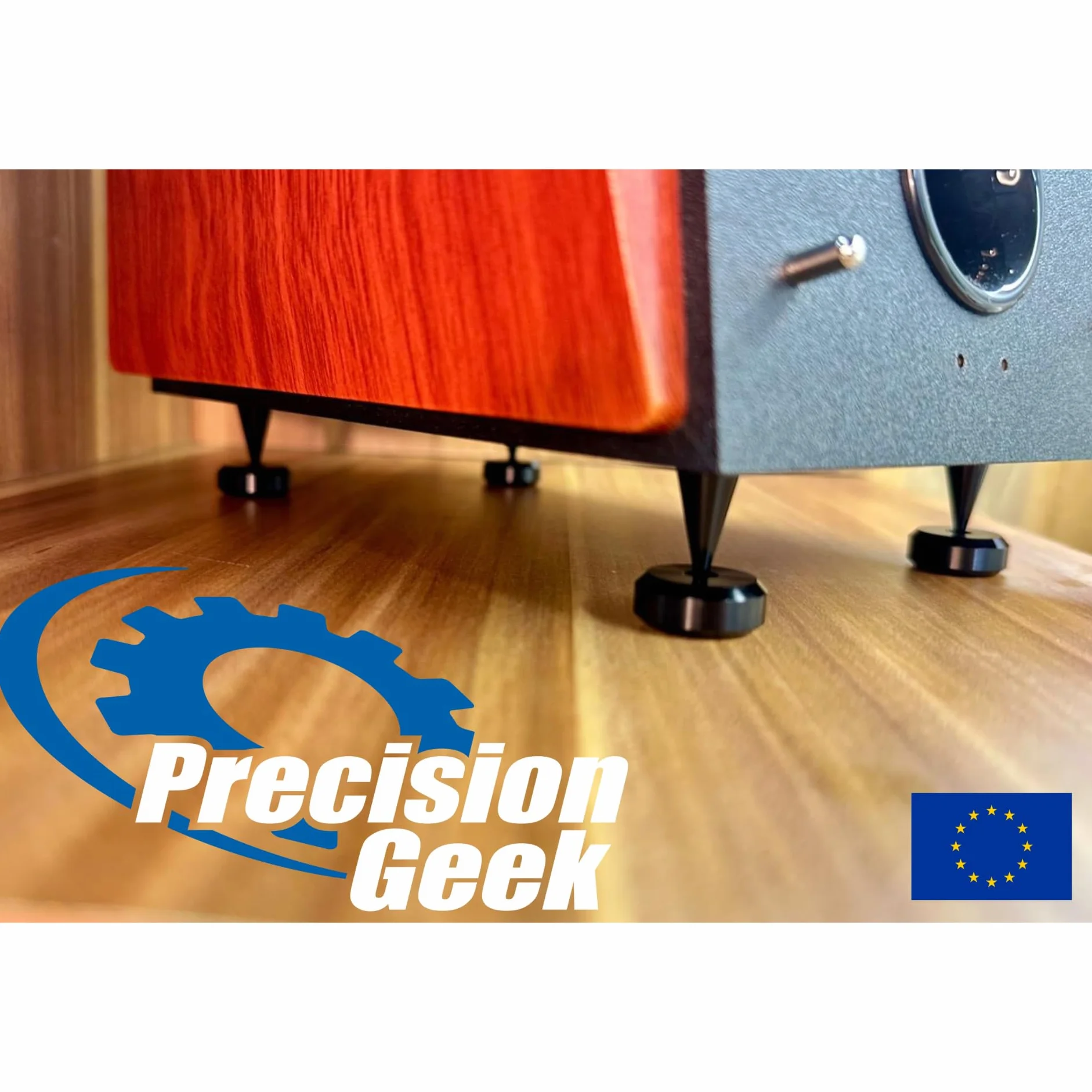 PrecisionGeek® Zestaw kolców i podkładek do głośników M6, czarne, anodowane aluminium, 4 x kolce Ø 10 mm + 4 x podkładki Ø 20 mm (fazowane), izolacja antywibracyjna do głośników HiFi, stojaków i