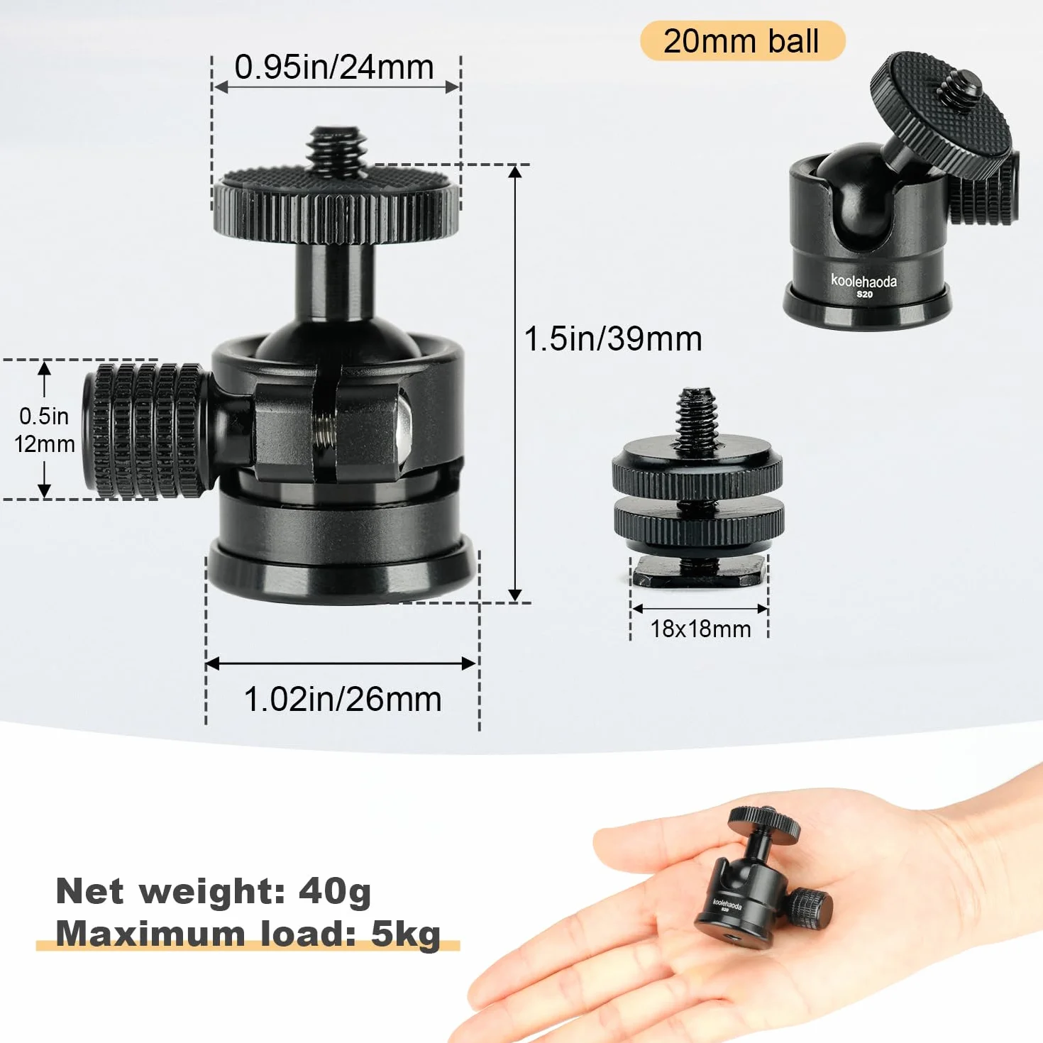 Koolehaoda Mini głowica kulowa z mocowaniem na zimno, panoramiczny aluminiowy uchwyt kulowy 360° ze śrubą 1/4" do statywów fotograficznych, monopodów, kamer, lamp, mikrofonów