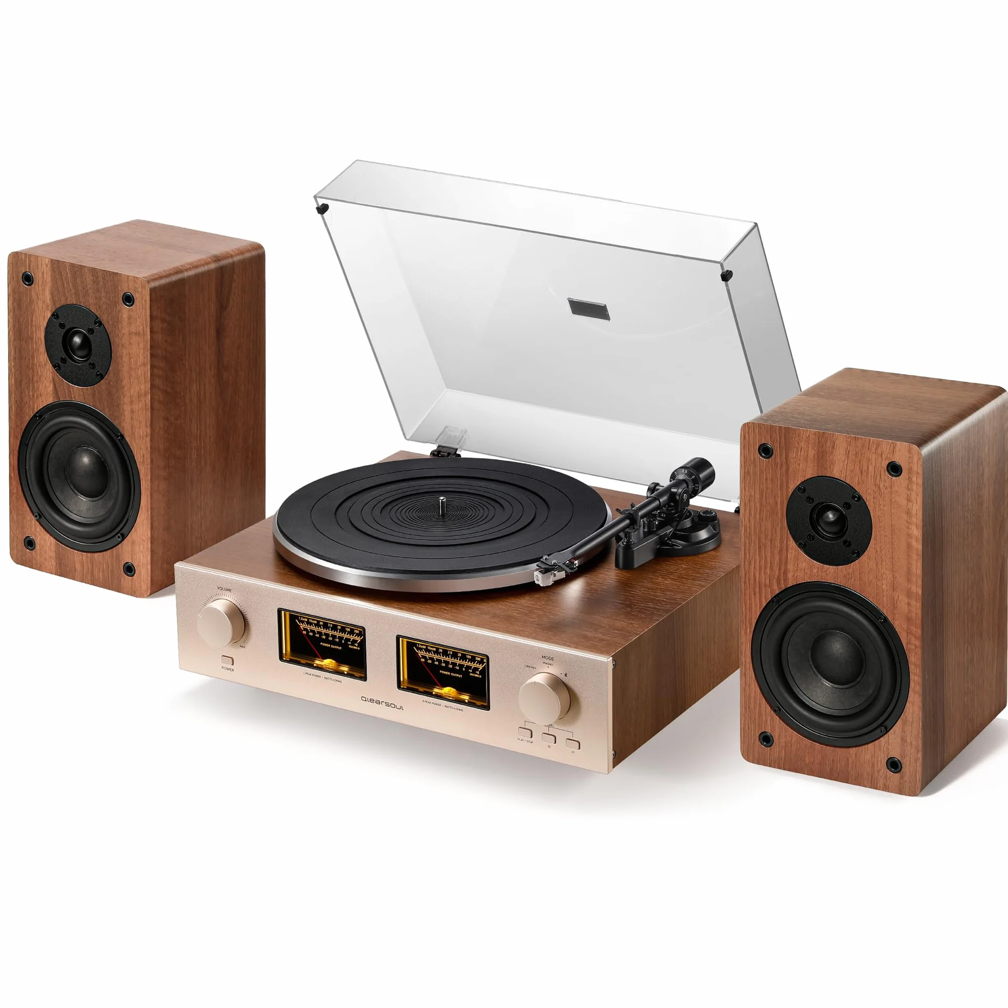 QLEARSOUL HiFire X Gramofon z płytą winylową, system gramofonu HiFi audiofilski z głośnikami regałowymi 100W, wskaźnik VU, pre-amp DSP, kompatybilny z 33/45 RPM, RCA Line IN | out