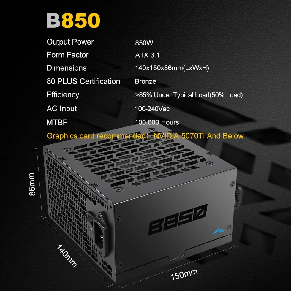 Zasilacz SAMA B850 850W Bronze, ATX 3.1, PCIe 5.1, 12V-2x6, niemodularny | Zasilacz ATX z certyfikatem Cybenetics, cichy wentylator 120 mm, 3-letnia gwarancja