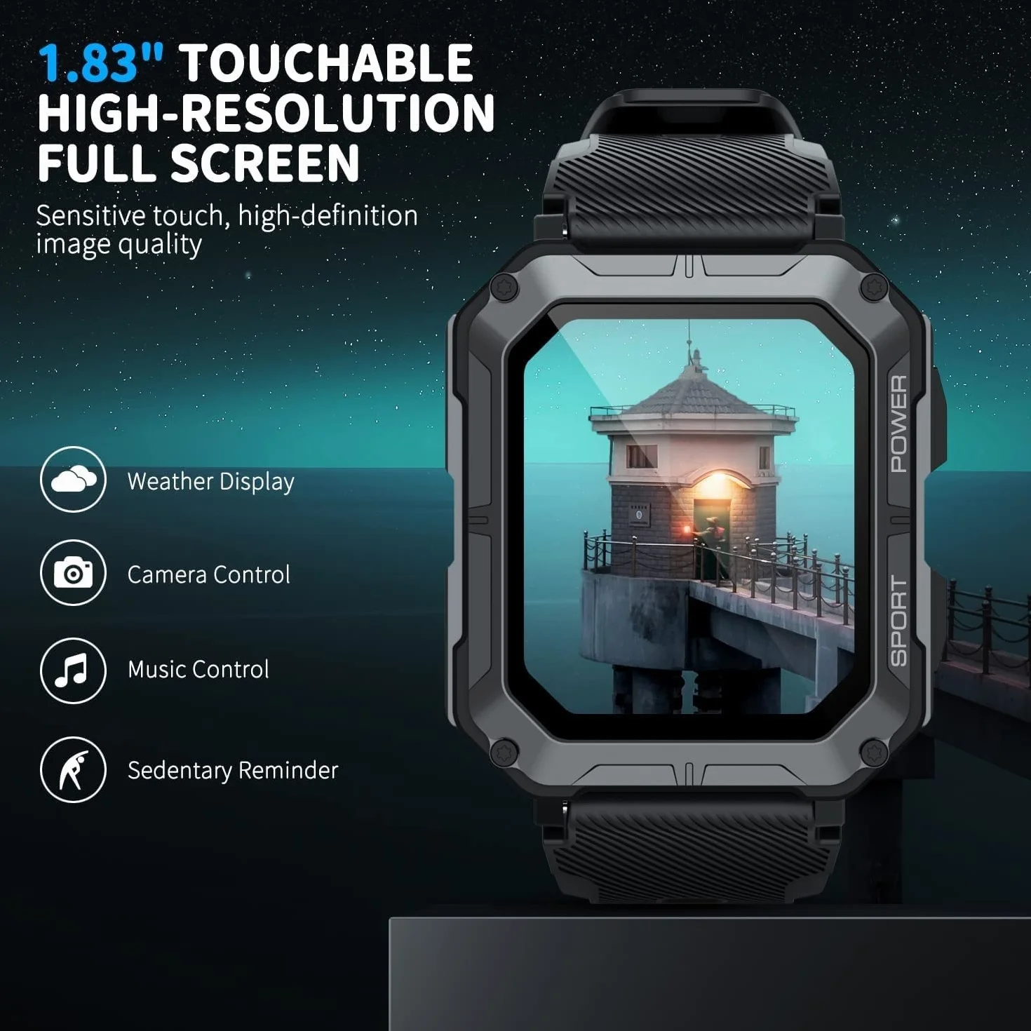 Inteligentny zegarek dla mężczyzn IP68 Wodoodporne połączenia (odbieranie/wybieranie połączeń) 1,83 '' Zegarek fitness Tracker Tactical dla Androida iOS Outdoor Sports (Color : Black)