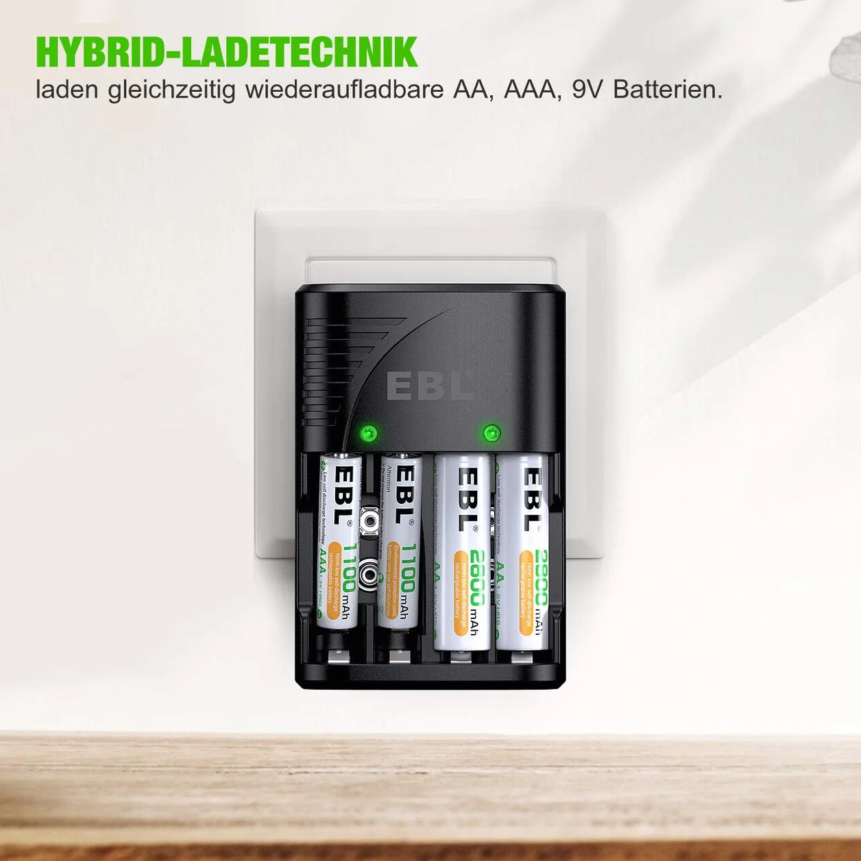EBL Ładowarka do akumulatorów AA AAA 9 V NIMH, 4 gniazda ładowania Smart Plug, wielofunkcyjna ochrona, wyświetlacz LED, szybka ładowarka do AA AAA 9 V