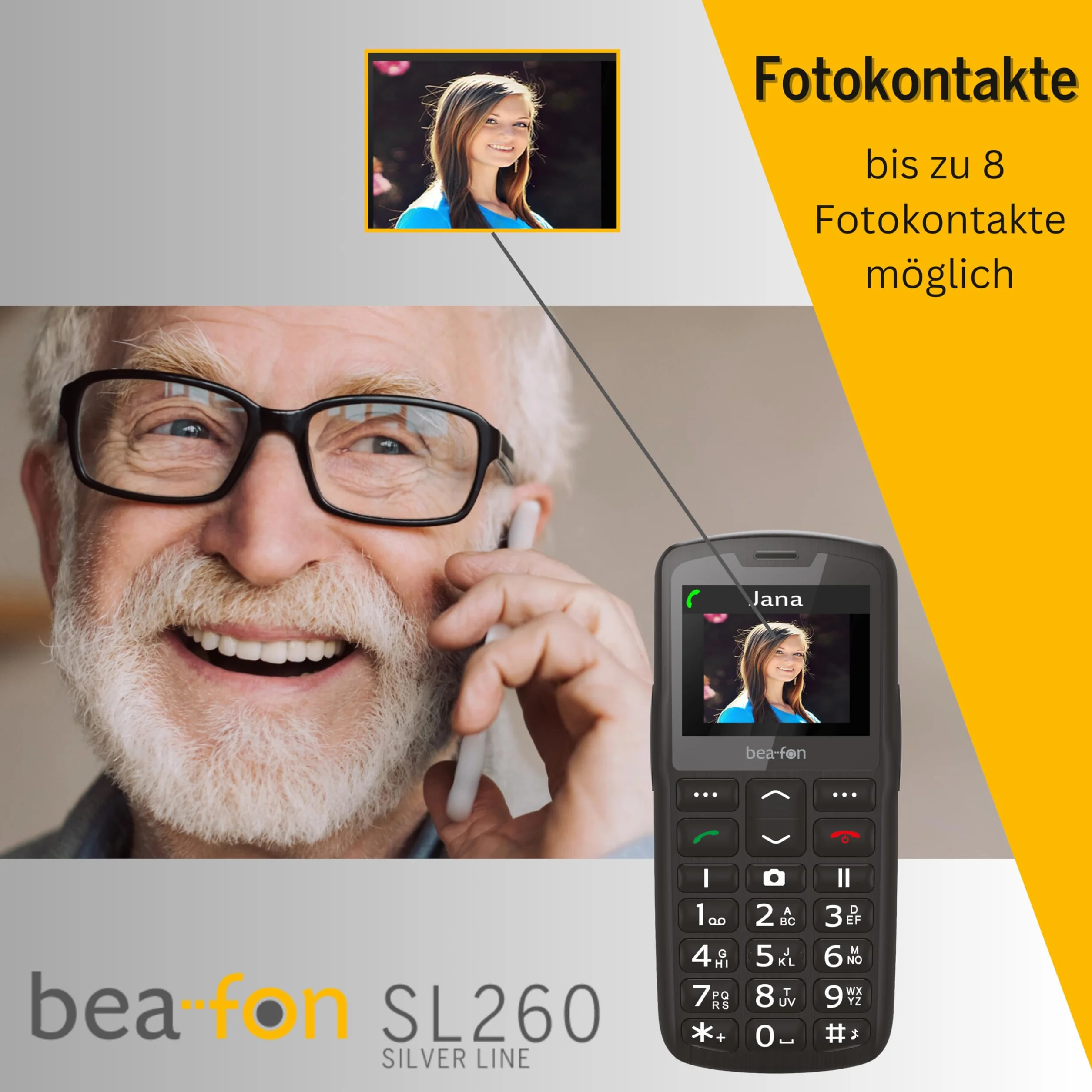 Beafon, SL260, Silverline, telefon komórkowy, bartype, telefon z przyciskami, telefon dla seniora, przycisk alarmowy SOS, 2,2" (5,58 cala), srebrny
