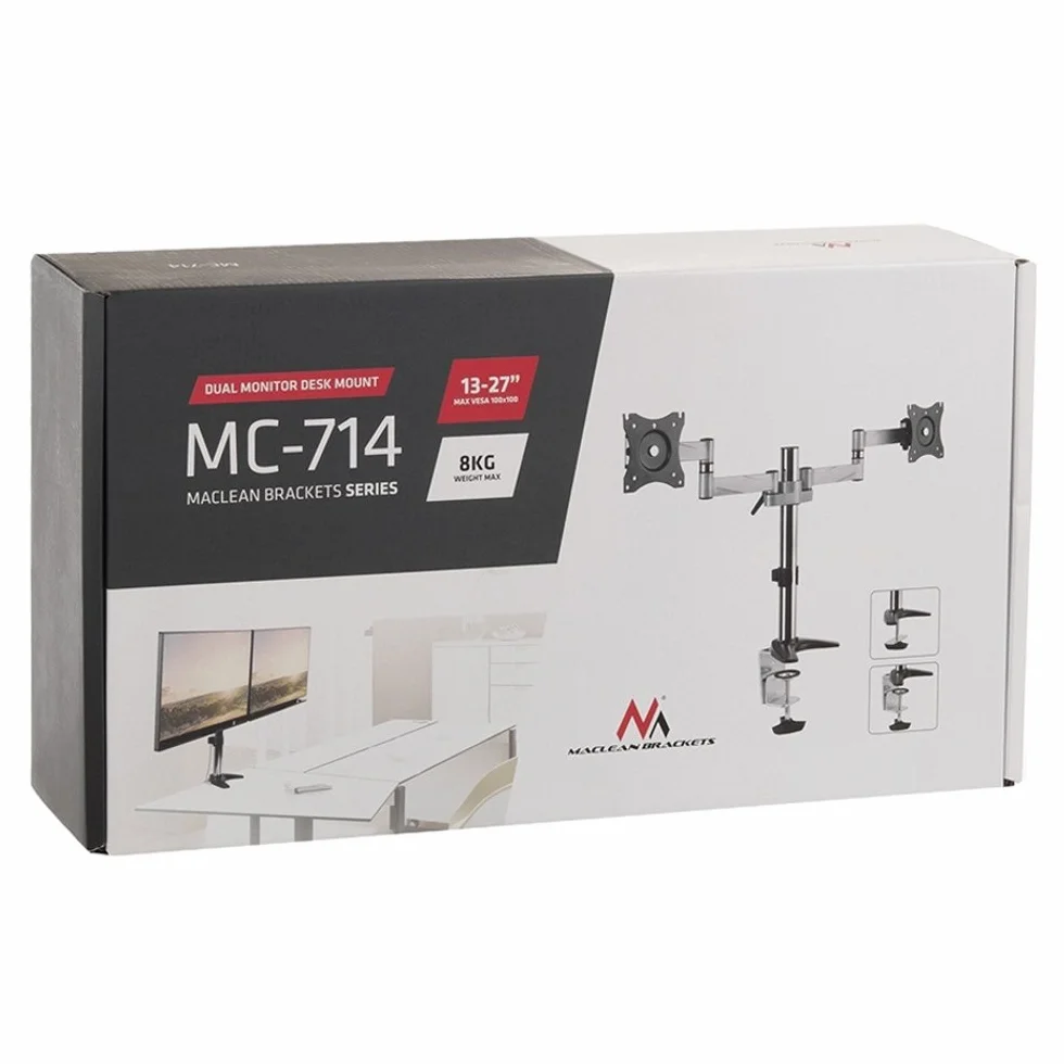 Maclean MC-714 Profesjonalny Uchwyt na Dwa Monitory, Uniwersalny Uchwyt Biurkowy na Monitory LCD 13-27 Cali i Wadze do 8 kg na Ramię, Podwójny Uchwyt na Ekran/Monitor, Idealny do Domowego Biura
