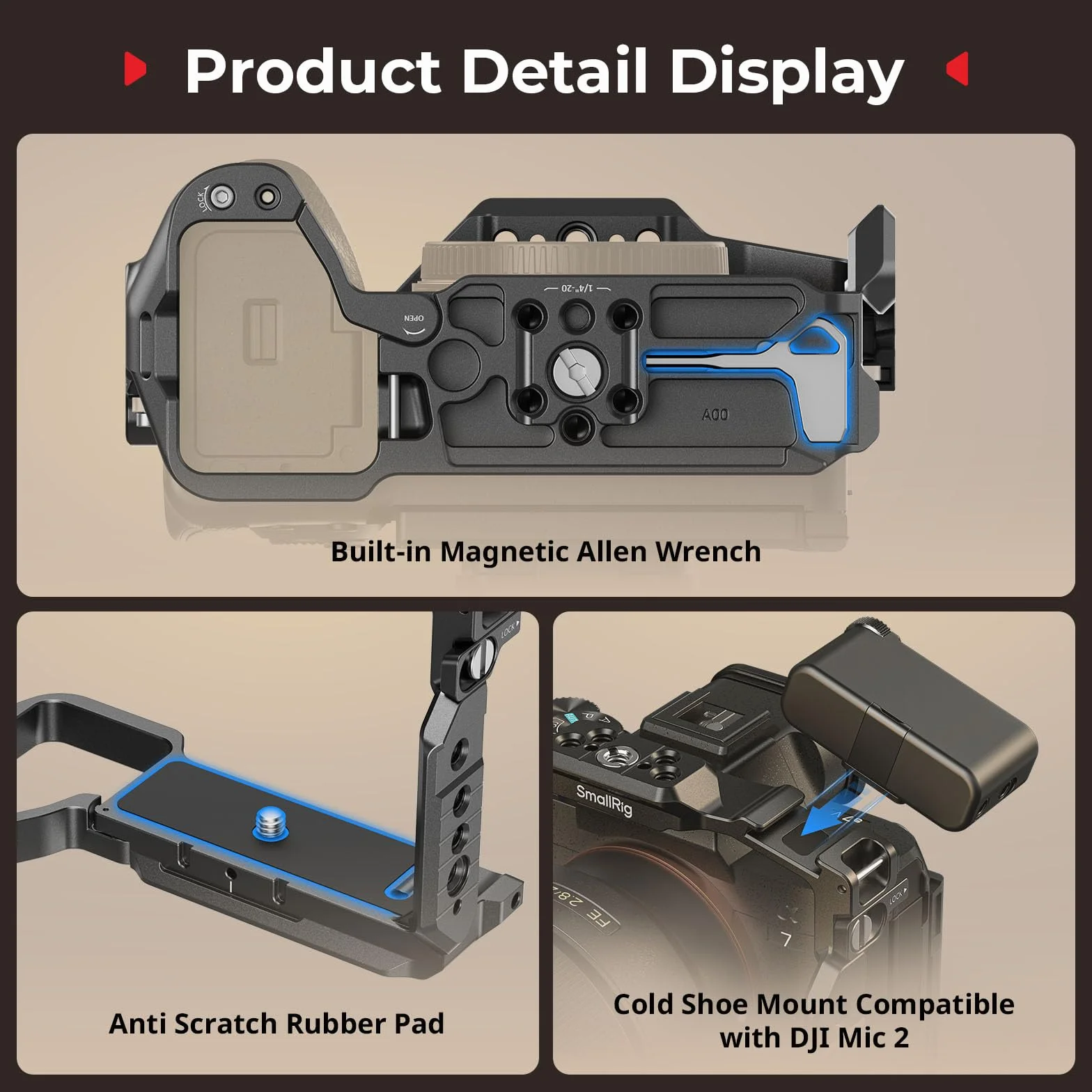 SMALLRIG Alpha 7 V HawkLock klatka do szybkiej wymiany do Sony Alpha 7 V / 7R V / 7 IV, zintegrowana płyta szybkiego montażu do Arca i NATO, gniazdo QD i stopka błyskowa,do DJI RS