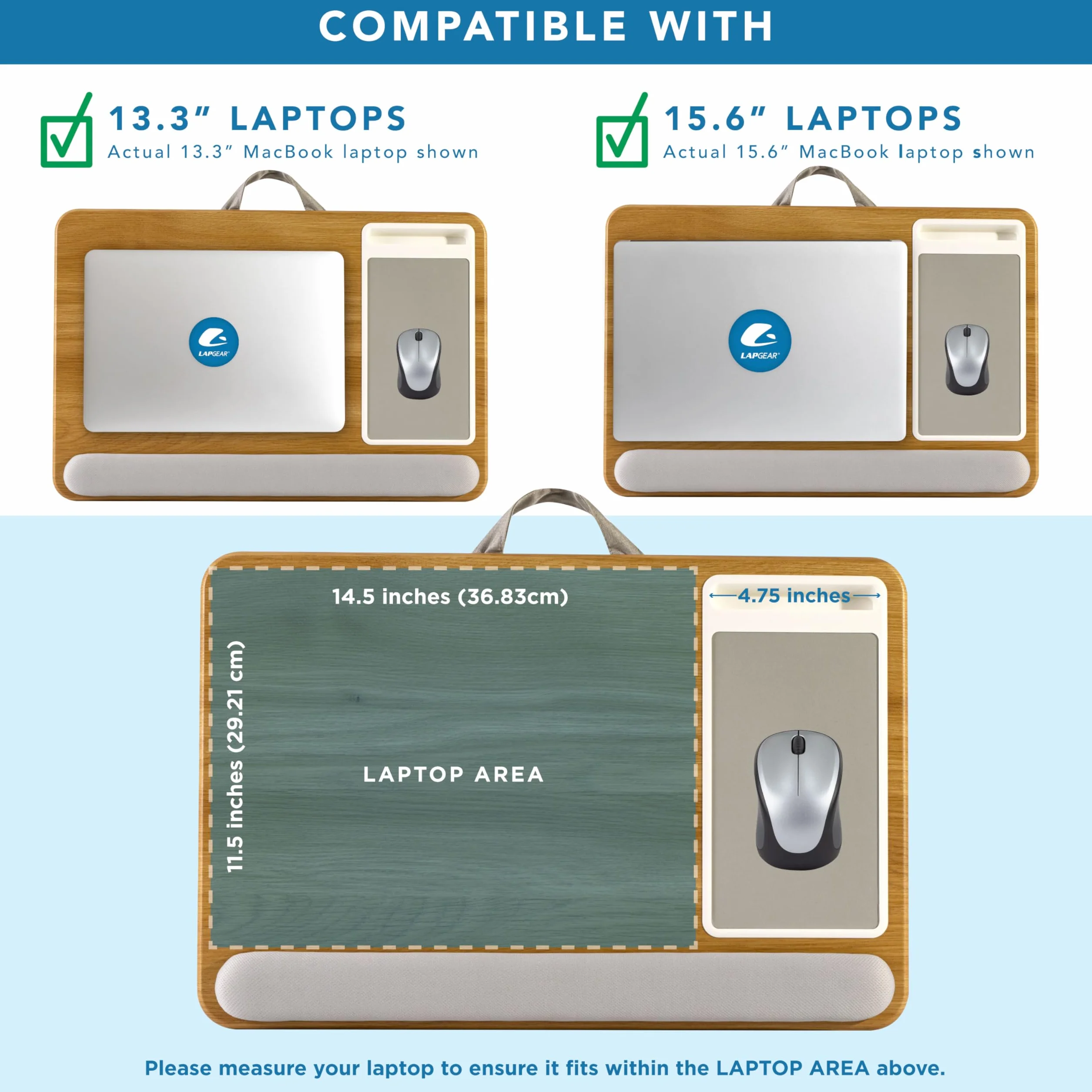 LAPGEAR Home Office Pro biurko na kolana z podpórką pod nadgarstek, podkładką pod mysz i uchwytem na telefon, drewno dębowe, pasuje do laptopów o przekątnej ekranu do 15,6 cala, styl nr 91599