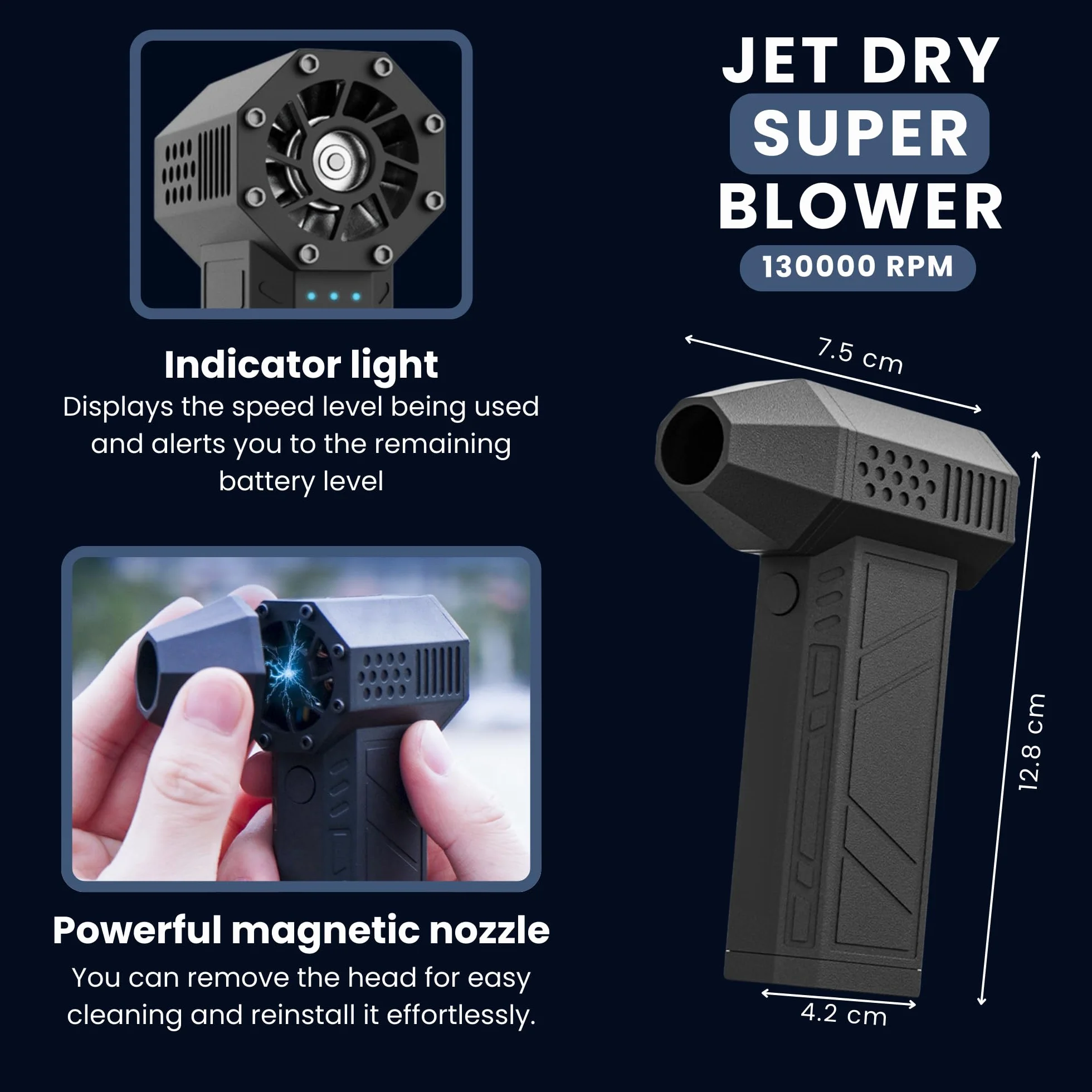 Dmuchawa Jet Dry, 130000 obr/min, wydajna dmuchawa z 4 trybami, wykonana z aluminium z latarką LED, akumulatorem USB C, do czyszczenia na zewnątrz, mebli, samochodu.