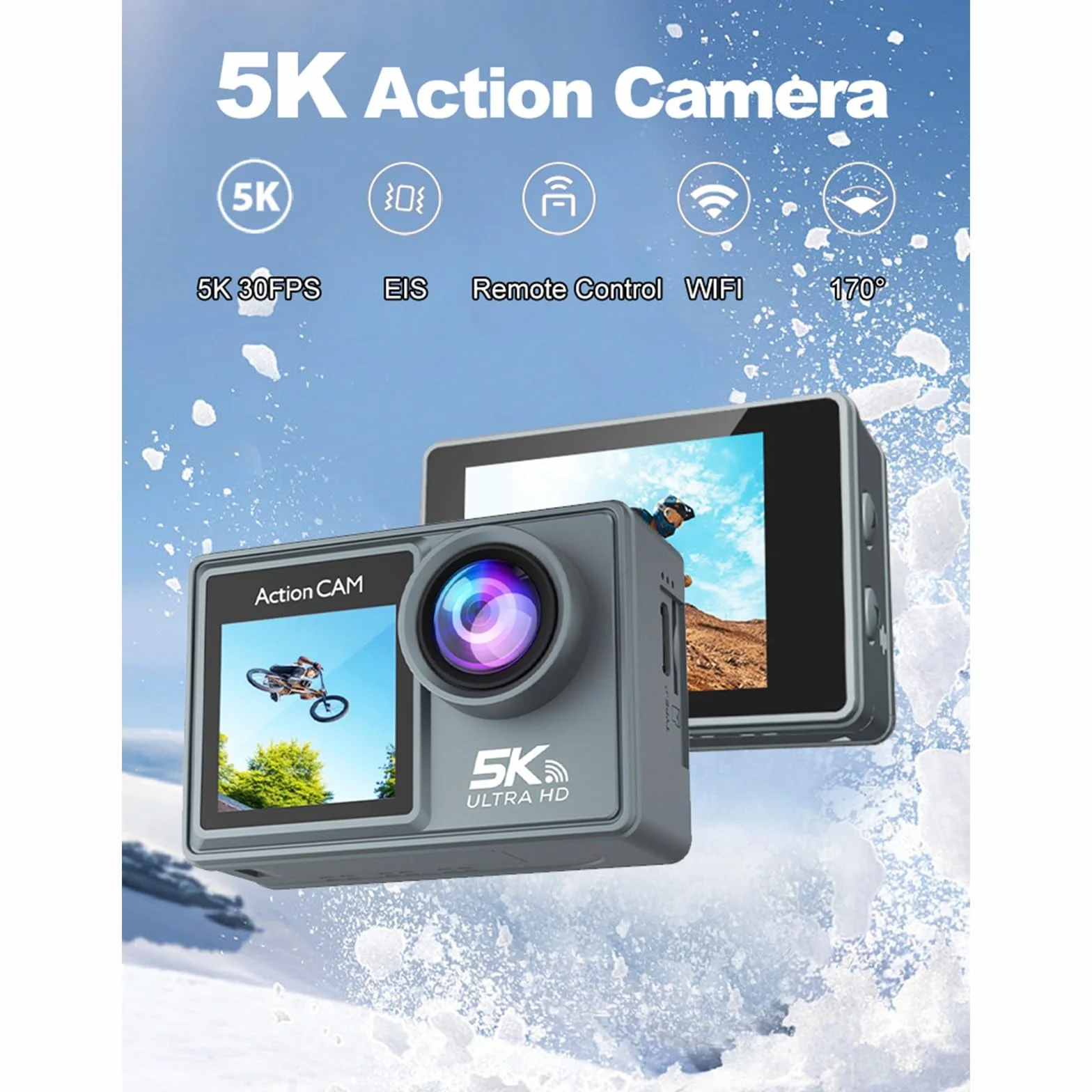 Nordzens Action Camera 5k + 64 Gb Memory Card, Waterproof 30m, Wifi & Wireless Mic Support, Mobile Phone Link, 170 Degree Wide Angle, Ideal for Travel, Cycling, Diving, Vlogging