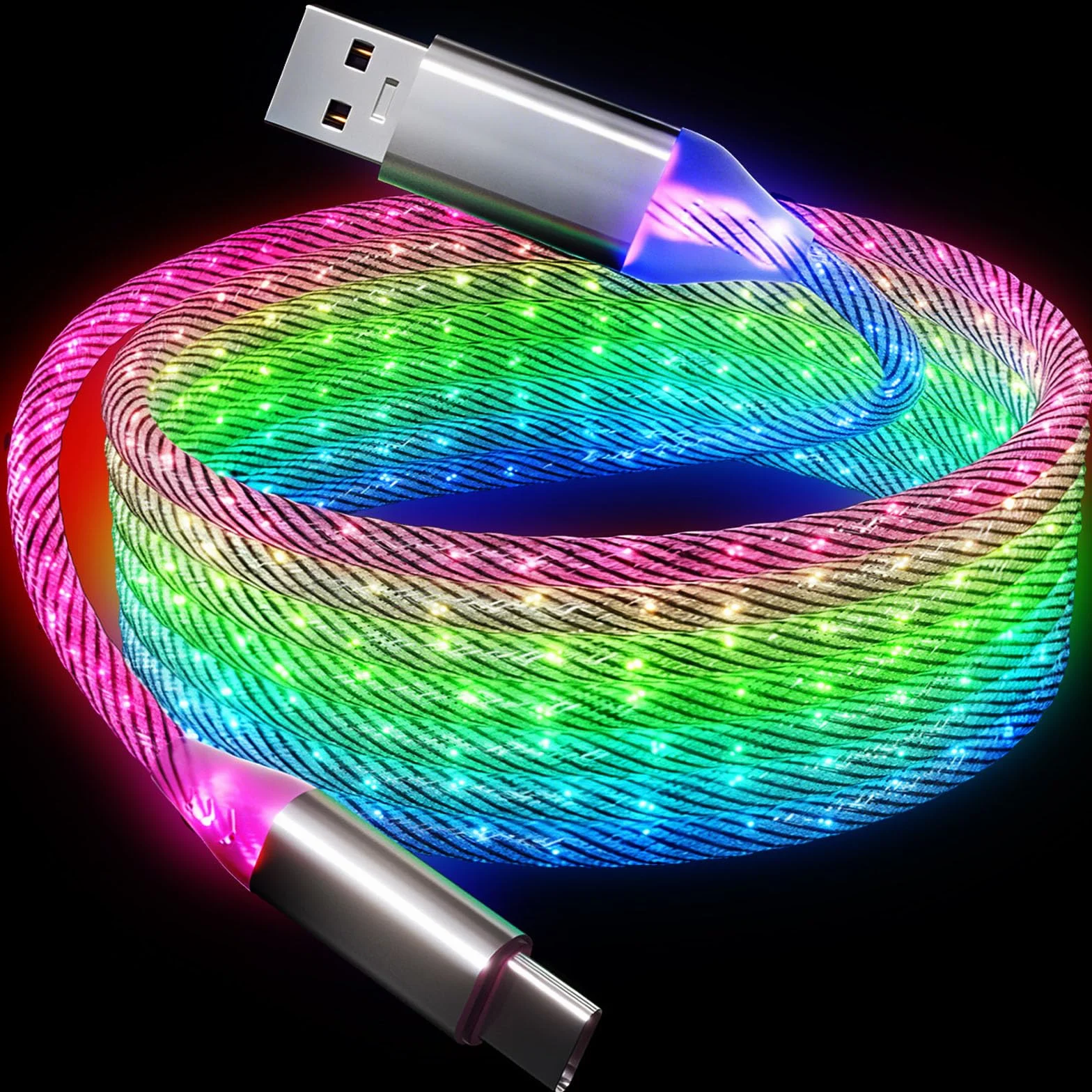 2 m kabel do szybkiego ładowania typu C, podświetlany przewód ładowarki LED, 66 W, 5 A, QC3.0, widoczna zmiana kolorów RGB, USB A na USB C, przewód do synchronizacji danych do Samsung Galaxy