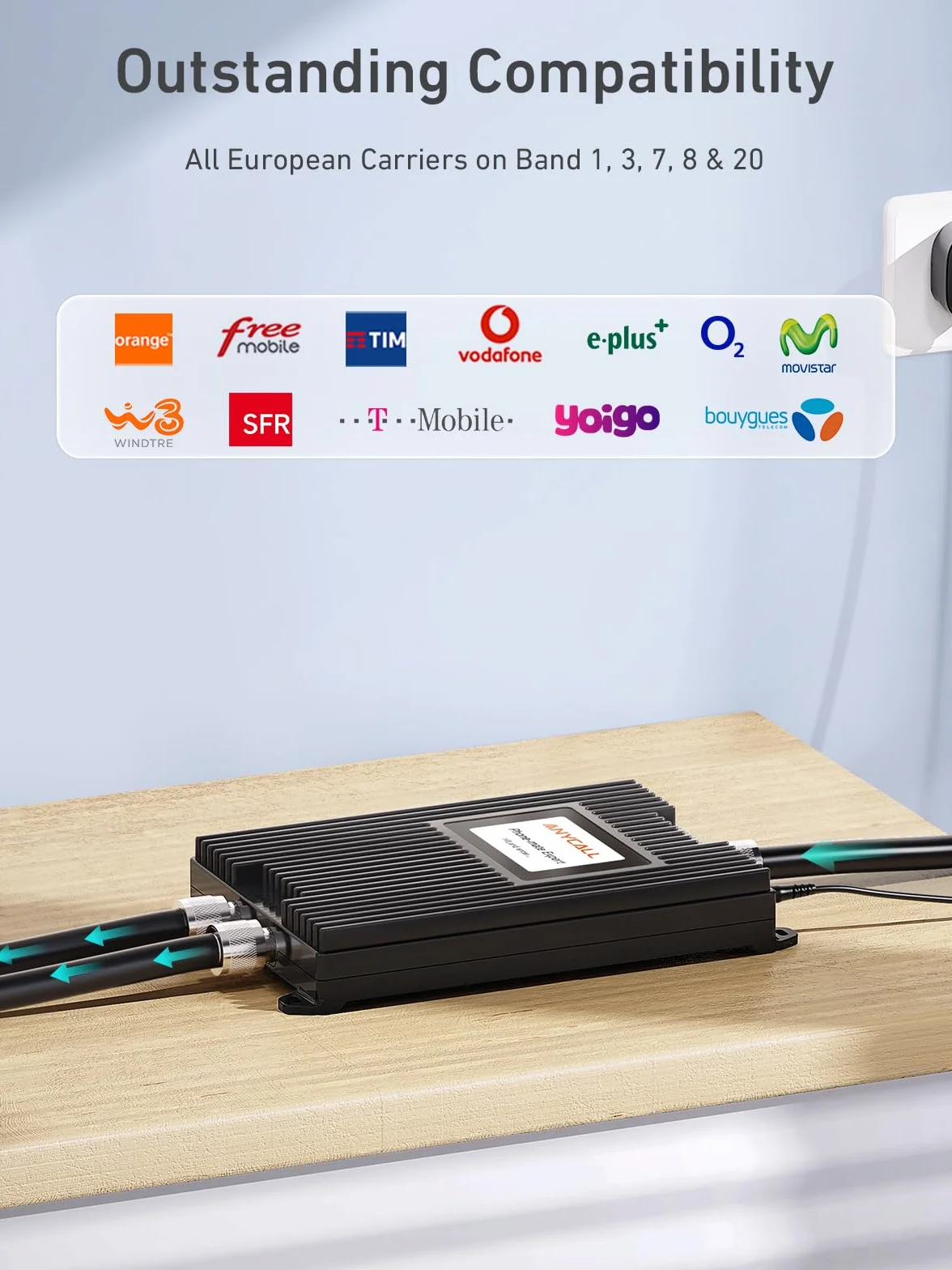 Wzmacniacz sygnału do pasma 1, 3, 7, 8, 20, kompatybilny ze wszystkimi europejskimi operatorami sieci, 5G 4G LTE GSM Repeater z 2 antenami wewnętrznymi do domu, biura, na duże powierzchnie