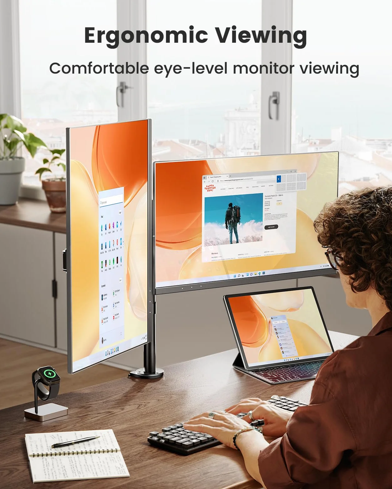 ErGear Podwójny stojak na monitor do ekranów o przekątnej ekranu od 13 do 32 cali, ergonomiczny kąt widzenia, regulowany kąt widzenia ± 45°, obrót o 180°, obrót o 360°, VESA 75/100 mm