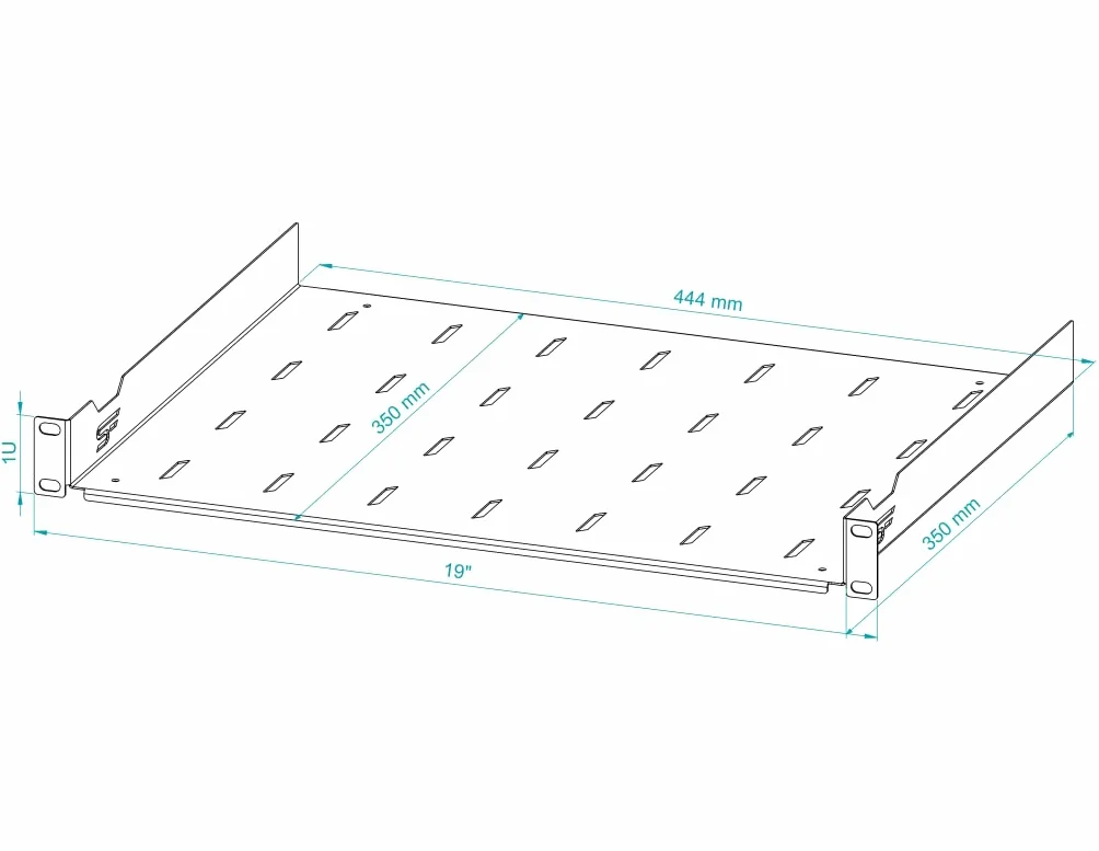 Półka Stała Standard Rack 19 cali 1U 350mm Metal Czarny Perforowana do Szaf Serwerowych Sieciowych