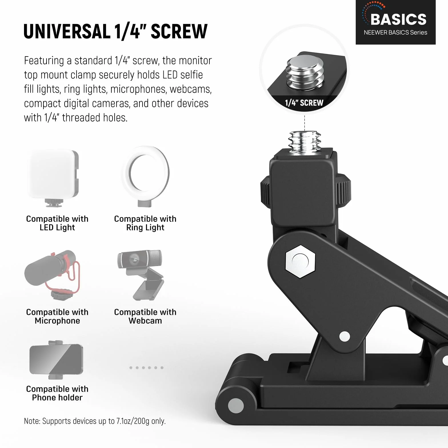 NEEWER Basics 2 szt. Monitor Top Mount Clamps, 1/4" Śruba do kamery internetowej Selfie Obręcz światła, 0,71 cala/18 mm Jaw 180° Tilt Mobilny Klip Uchwyt do Nagrywania Wideo Streaming Komputera