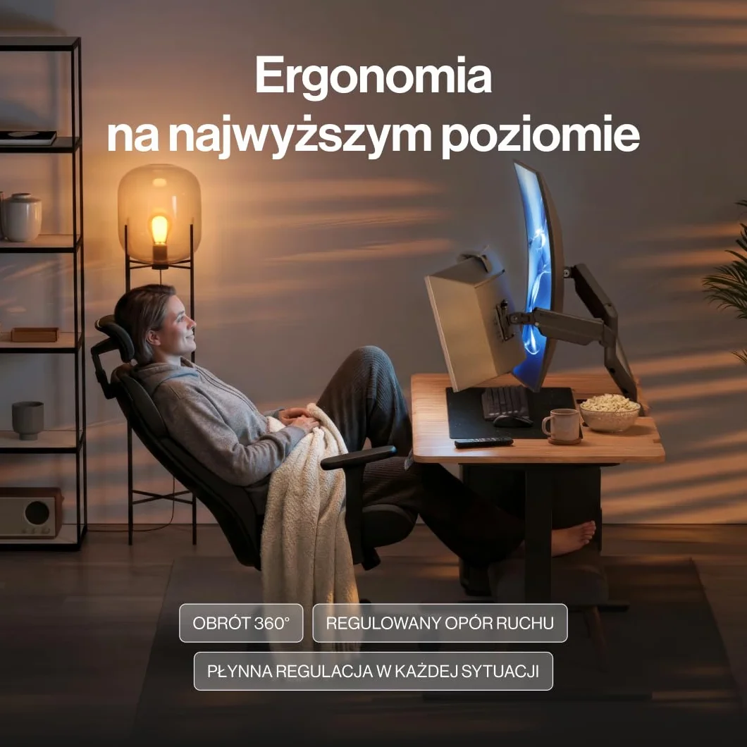 ENDORFY Atlas GS Double, Podwójne Gazowe Ramię do 2 Monitorów 13-32", Udźwig 2x10 kg, Regulowany Uchwyt Biurkowy VESA 75x75/100x100, Funkcja Pivot 180°, System Zarządzania Kablami, Czarny