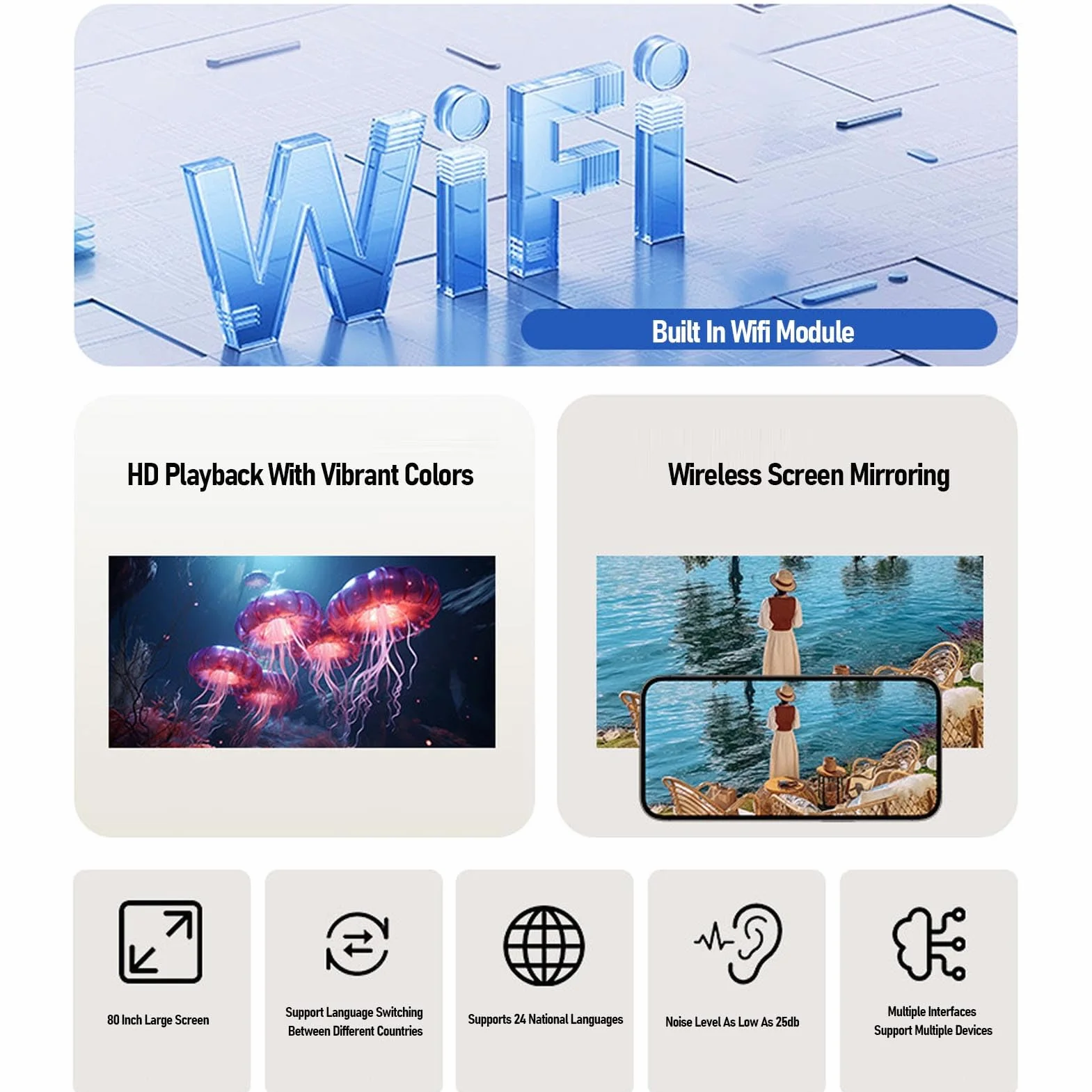 ASHATA Projektor z Wi-Fi i Bluetooth, Projektor o Niskim Poziomie Hałasu, Obrót o 240°, Elektryczna ostrość, Pionowa Korekcja Trapezowa, Wiele Portów, Mini Przenośny Projektor Wideo HD