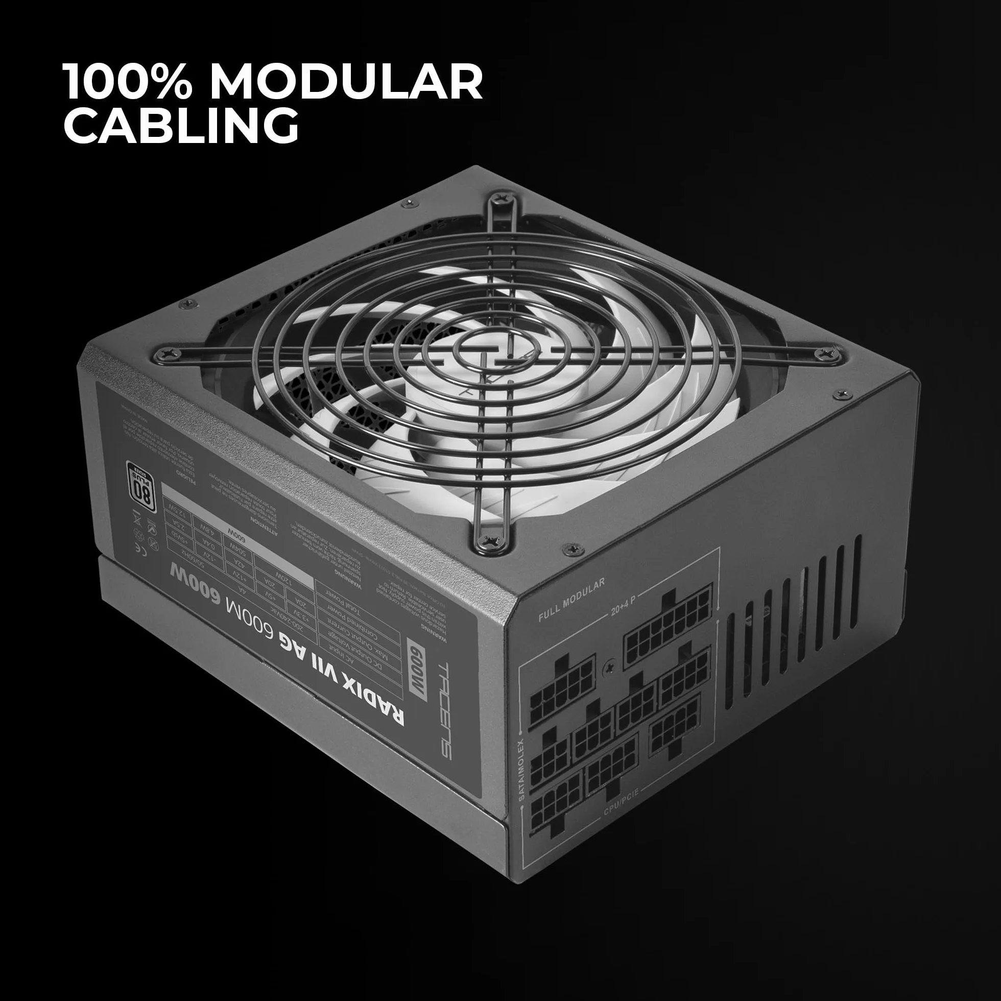 Tacens RADIX VII AG 600, Full Modularny Zasilacz ATX 600W, 10 Lat Gwarancji, 80Plus Silver, Sprawność +87%, Wentylator 140mm FDB z Technologią AI-RPM, Japońskie Kondensatory 105º, Czarny