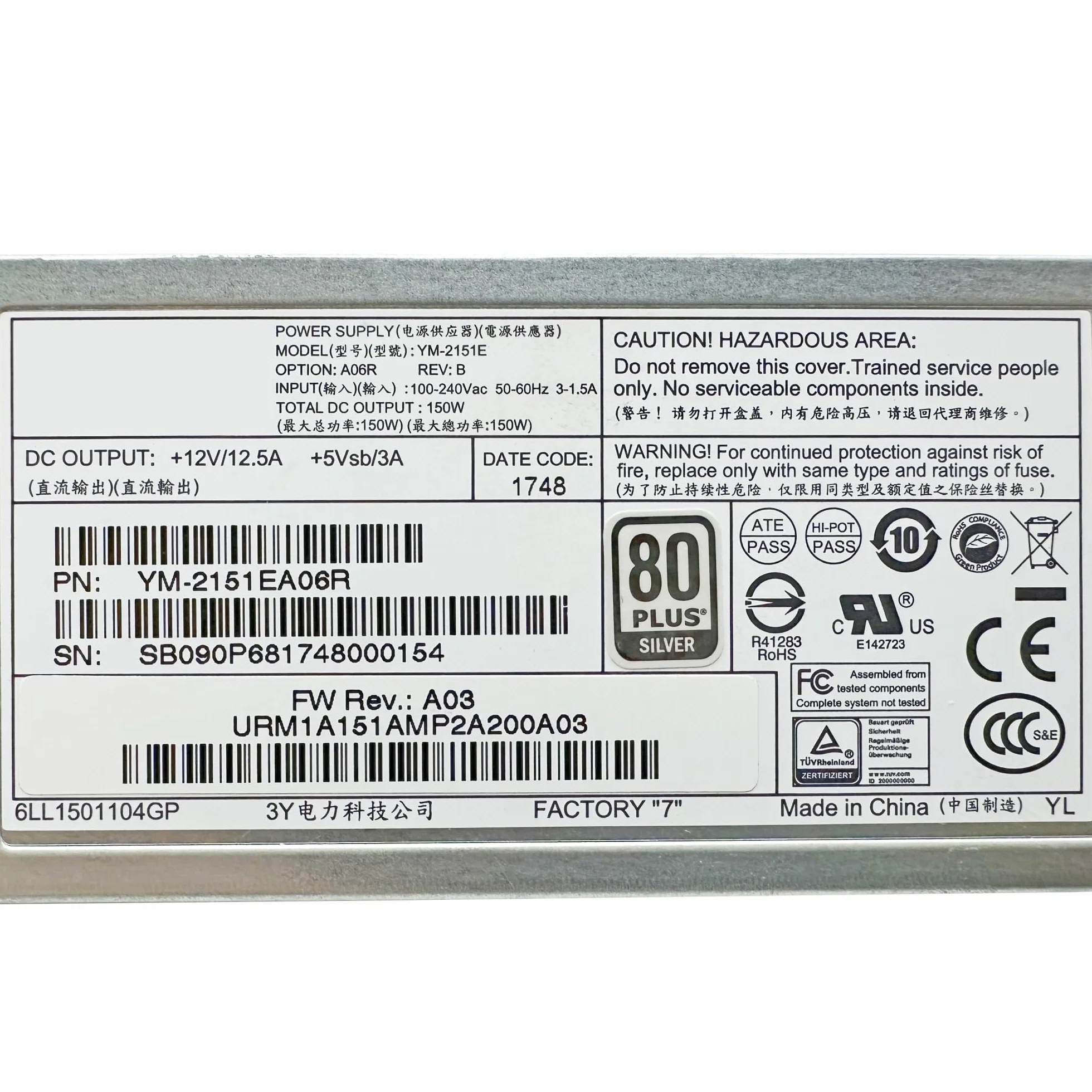 For Power Technology YM-2151E Zasilacz 150 W PN: YM-2151EA06R for Switch Server
