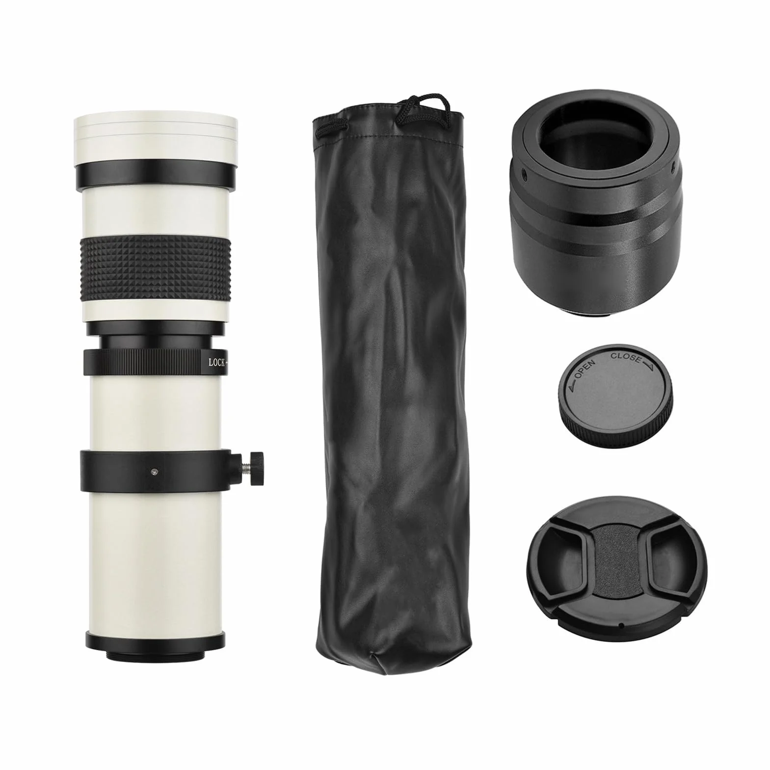 Yctze Super Teleobiektyw Zmiennoogniskowy F/8,3-16 420-800 Mm Mocowanie T2 z Pierścieniem Pośrednim do Mocowania RF Zamiennik Gwintu 1/4 do Aparatów R/ R3/ R5/ R5C/ R6/ RP z Mocowaniem RF (WHITE)