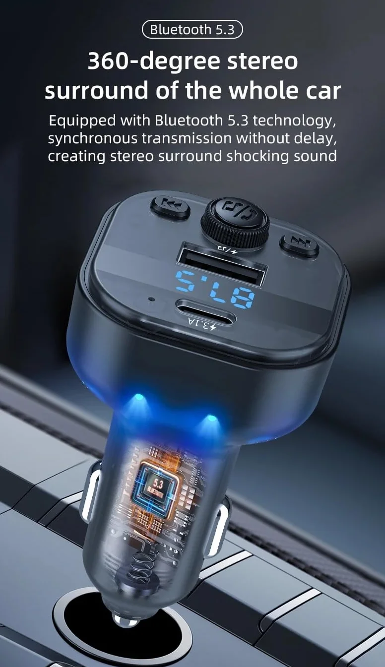 Ładowarka samochodowa FM transmiter, Bluetooth 5.3 Audio Auto odtwarzacz MP3, adapter do radia samochodowego typu C, USB 3.1 A szybka ładowarka