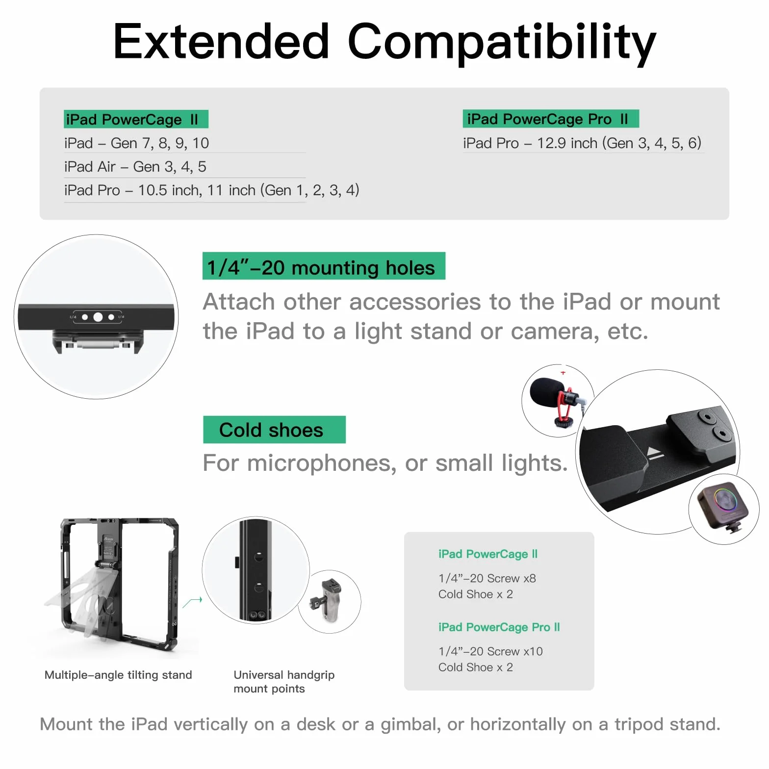 Accsoon iPad Power Cage II ze stojakiem tłumiącym/uchwytem na baterie do podłączenia kamery do iPada (gen. 5,6,7,8,9,10), iPad Air (3,4,5), iPad Pro 9,7/10,5/11" (Gen 1, 2, 3,4) jako monitor Pro