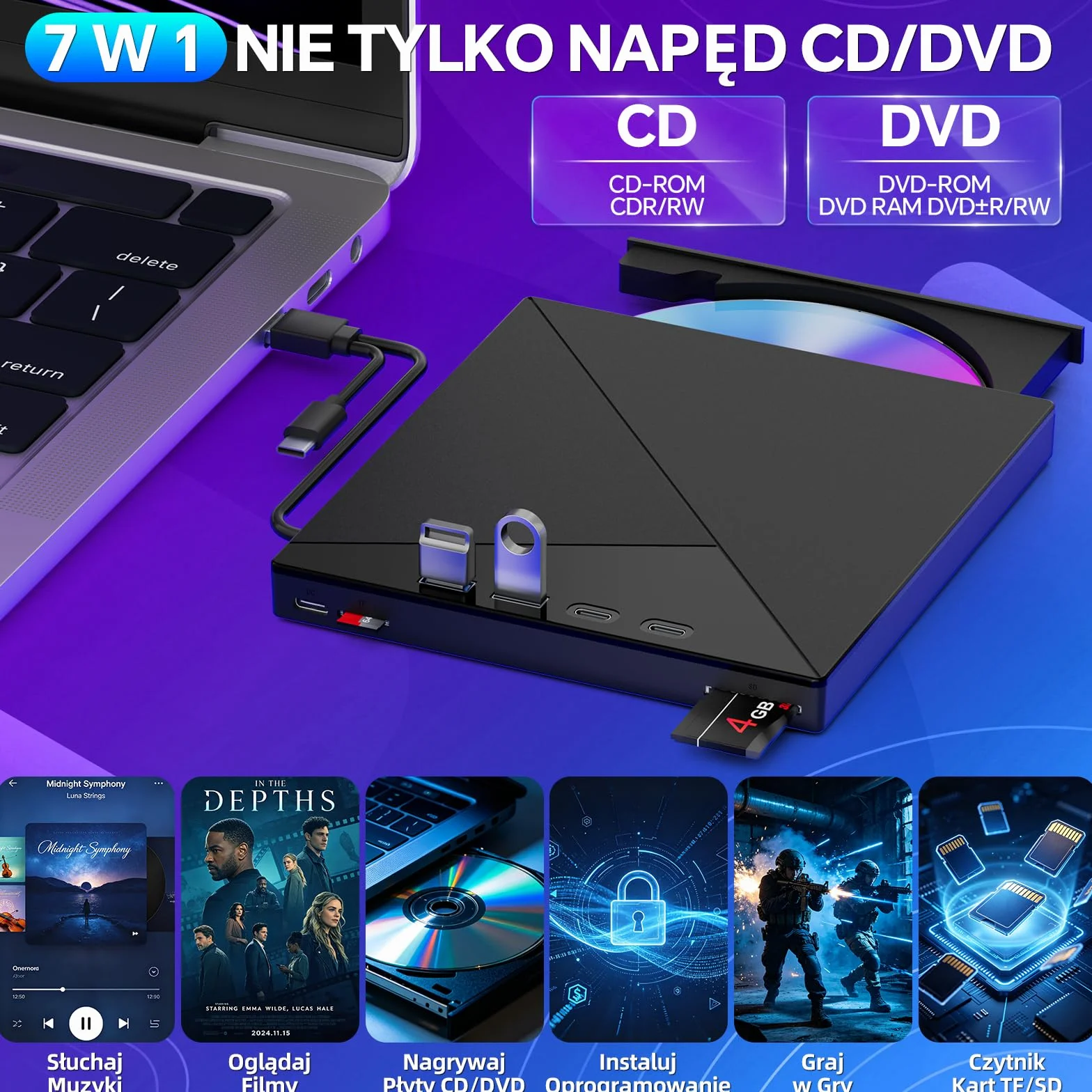 Zewnętrzny napęd CD/DVD Przenośna Nagrywarka Odtwarzacz 7 w 1 | Interfejsem USB 3.0 i Type-C oraz Czytnikiem kart SD/TF i Hubem USB Kompatybilny z Mac/Linux/PC/Laptopa/Windows