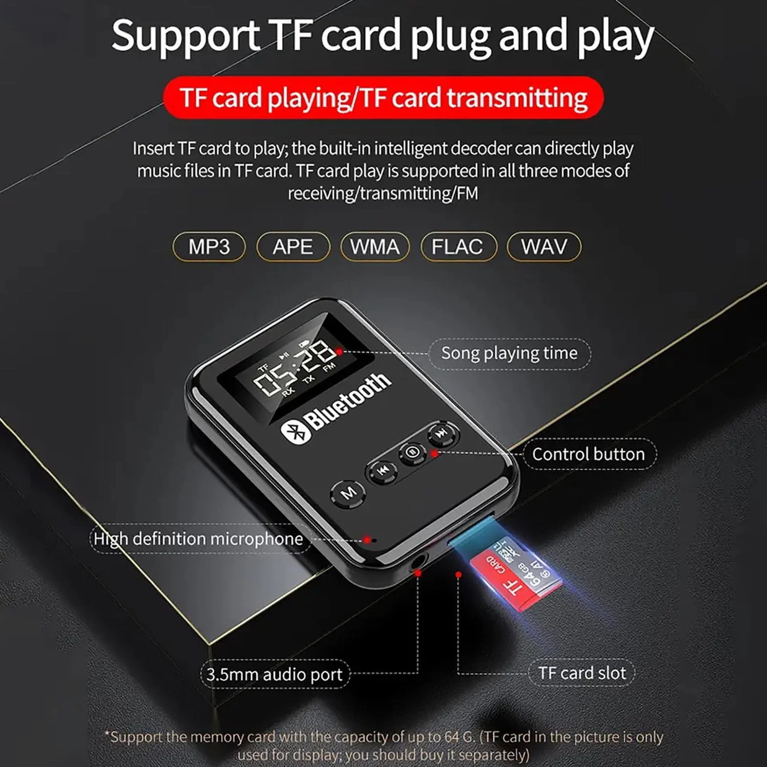 Nadajnik-odbiornik Bluetooth 5.0, Przenośny Bezprzewodowy Adapter Nadawczo-odbiorczy, Obsługa Odtwarzania Kart TF/transmisja FM (87,5~108 HMZ FM), Do Głośników Słuchawki Samochodowe