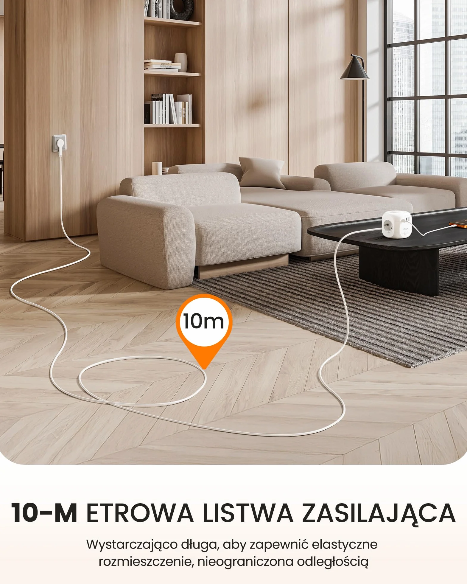 LENCENT 10 Metry Listwa Zasilająca z Płaską Wtyczką, 4 Przegrody 8 w 1 | Listwa Zasilająca z 3 Gniazdami USB A + 1 Gniazdkiem Typu C, Adapter z Przełącznikiem 10 M Kable, Wtyczka Domowa, Typu C/E/F