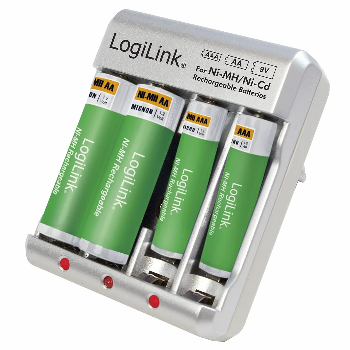 LogiLink PA0168 ładowarka do akumulatorów "AA/AAA/9V Ni-MH/Ni-Cd" srebrna