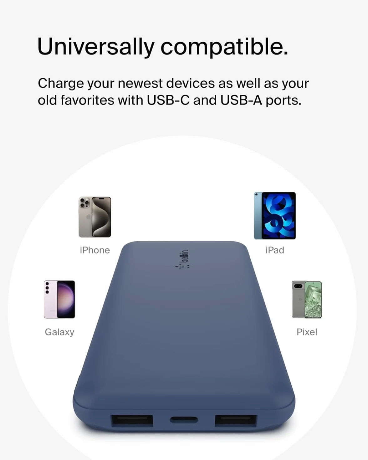 Belkin BoostCharge Przenośny powerbank USB-C 10K z 1 portem USB-C, 2 portami USB-A i kablem USB-A – USB-C, do urządzeń iPhone 15, 15 Plus, 15 Pro, 15 Pro Max, Samsung Galaxy S24 i innych – Niebieski