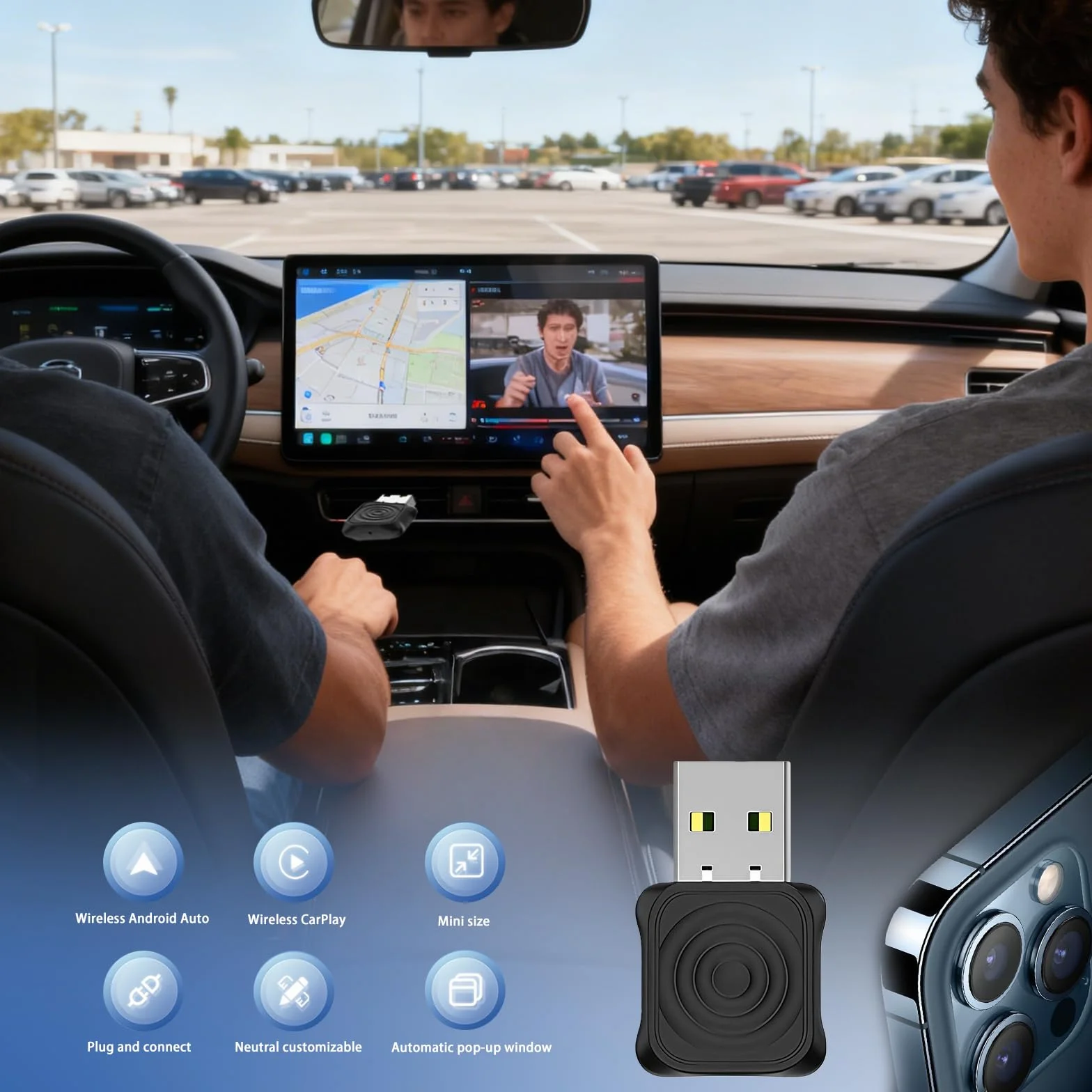CarPlay bezprzewodowy adapter CarPlay 2 w 1, bezprzewodowy adapter CarPlay, Plug & Play, USB/Type-C Mini i stabilny adapter samochodowy USB Android do iOS 10+/Android 11+ samochodów, samochodów od