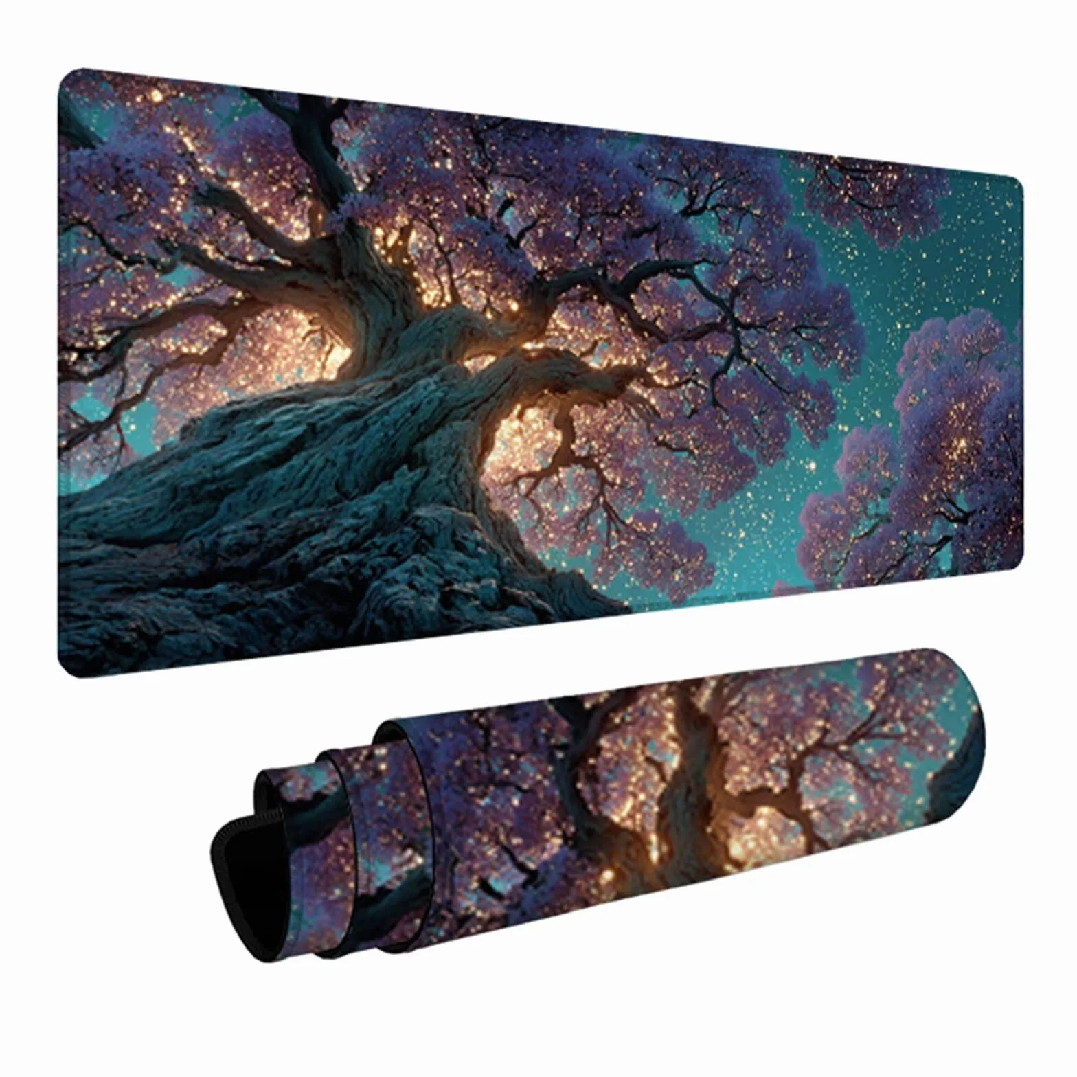 Podkładka pod mysz z drzewem, 102 x 50 cm, gamingowa podkładka pod mysz, gwiaździste niebo, podkładka na biurko z antypoślizgową gumową podstawą, akcesoria do gier, podkładka pod mysz z przeszytą