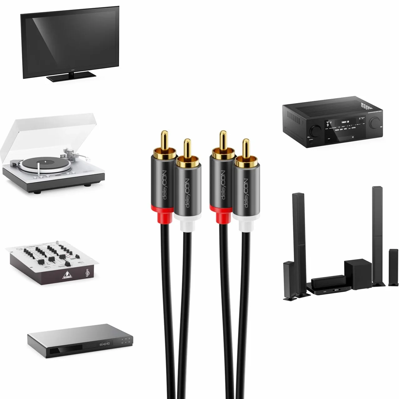 deleyCON 10m Kabel Cinch RCA HiFi Audio Przewód Dźwiękowy Pozłacane Metalowe Wtyki do Kina Domowego Zestawu Stereo Wzmacniacza Odbiornika HiFi Odtwarzacza Blu-Ray (Extra Cienki & Elastyczny)